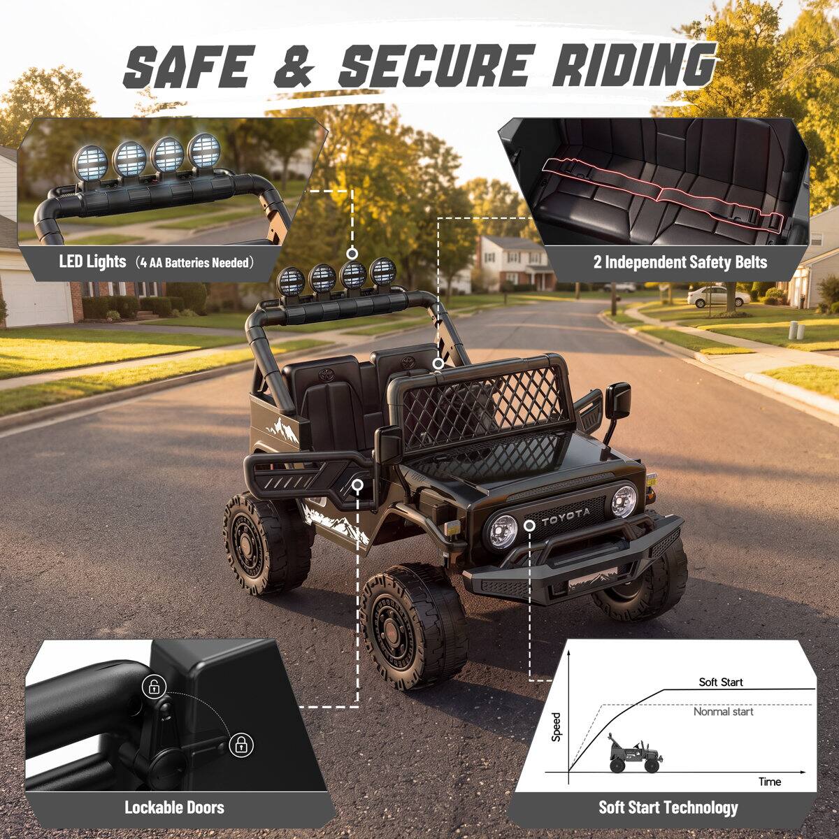 SAFE & SECURE RIDING

- LED Lights (4 AA Batteries Needed)
- 2 Independent Safety Belts
- Lockable Doors
- Soft Start Technology

TOYOTA