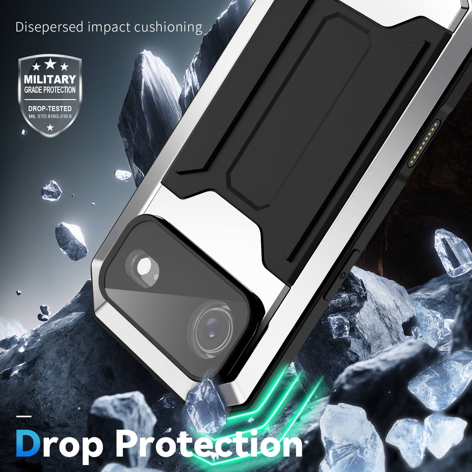Dispersed impact cushioning  
MILITARY GRADE PROTECTION  
DROP-TESTED  
MIL STD 810G-516.6  

Drop Protection