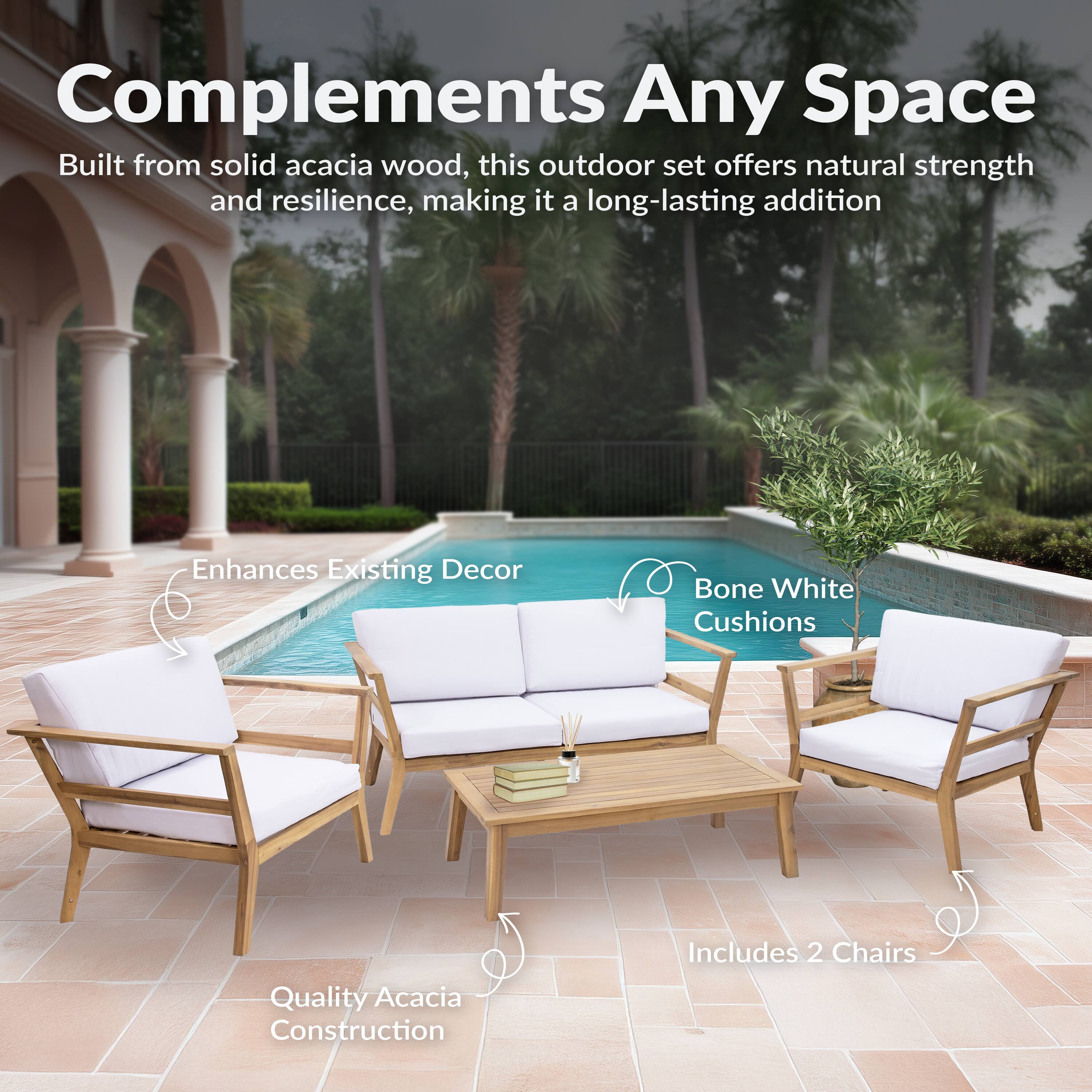 Complements Any Space

Built from solid acacia wood, this outdoor set offers natural strength and resilience, making it a long-lasting addition.

- Enhances Existing Decor
- Bone White Cushions
- Quality Acacia Construction
- Includes 2 Chairs