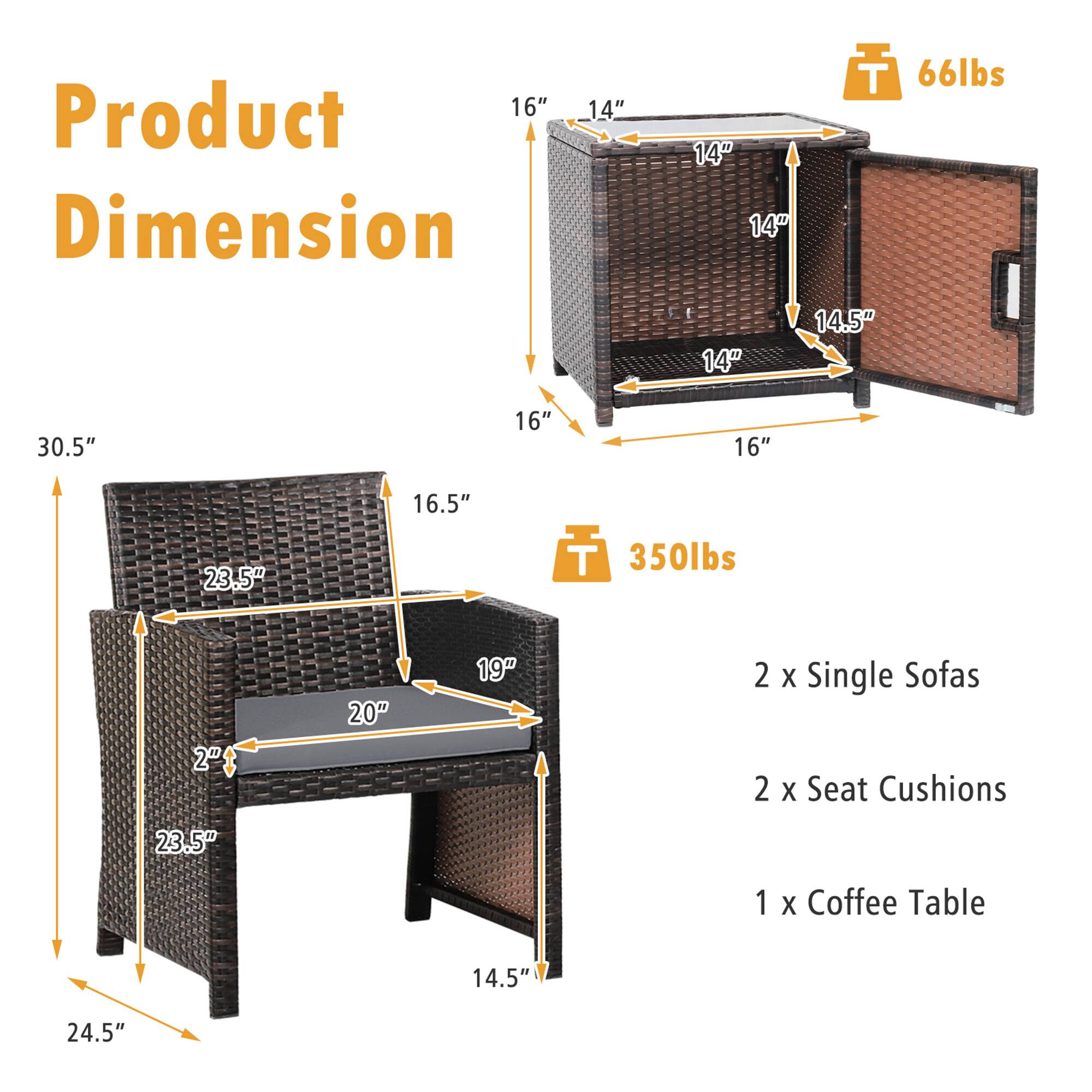 Product Dimension

- 16" x 14" x 14" x 14" x 14" x 14.5" x 16" x 16" x 16.5" x 23.5" x 30.5" x 24.5"
- 66lbs
- 350lbs

2 x Single Sofas  
2 x Seat Cushions  
1 x Coffee Table