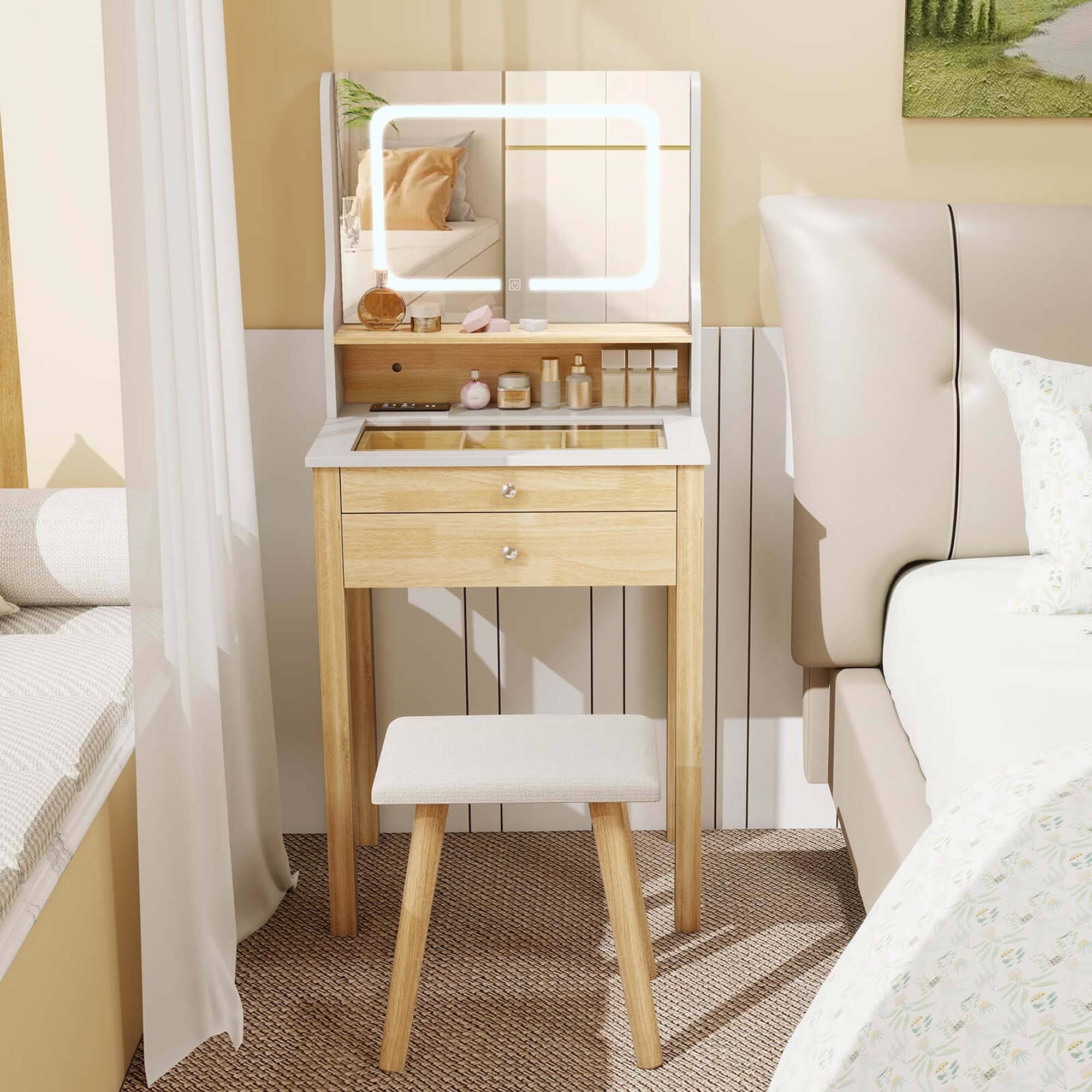 Alt View 1. Costway - Costway Small Vanity Desk Set with Adjustable LED Lighted Mirror and Power Outlets White - White.