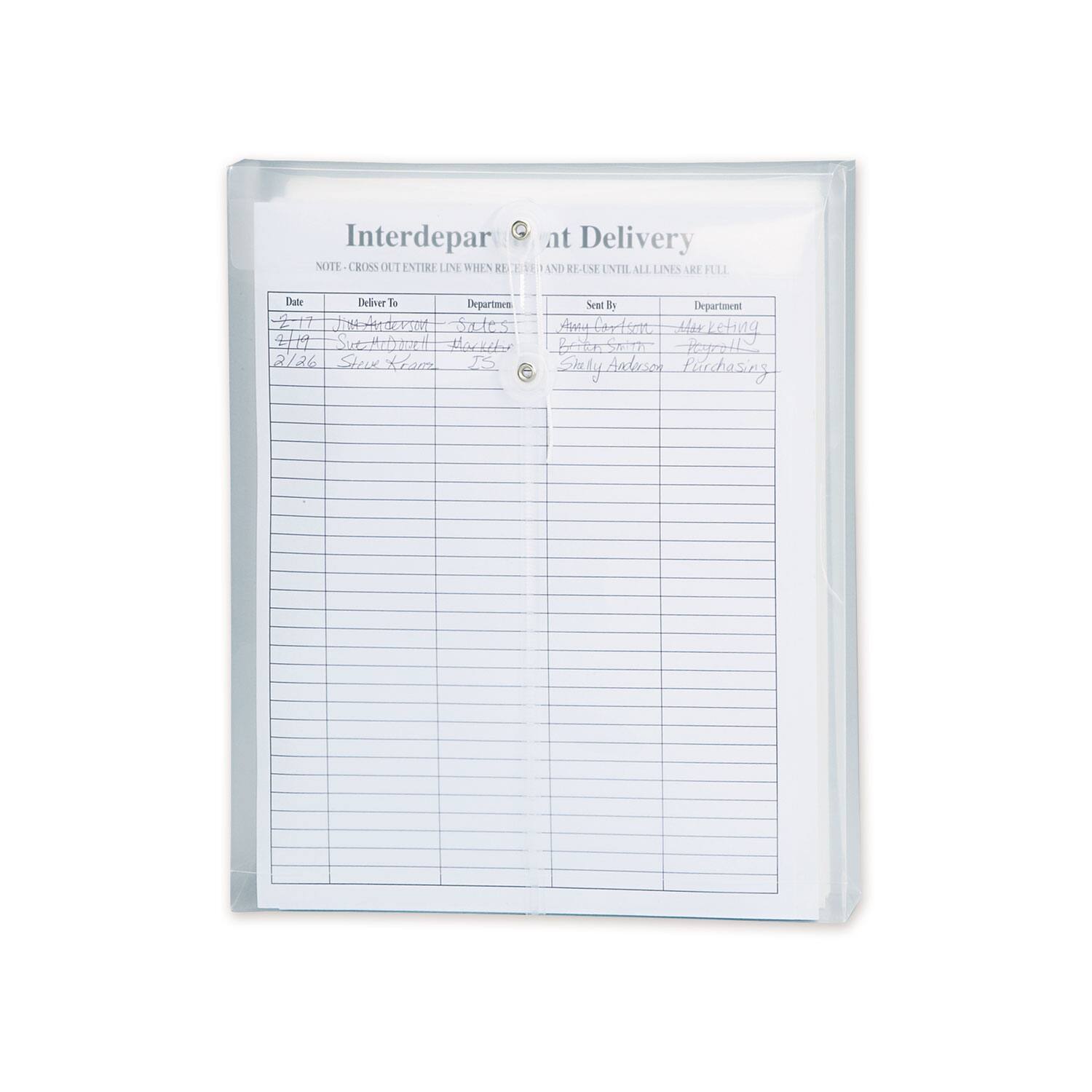 Interdepartmental Delivery

NOTE: CROSS OUT ENTIRE LINE WHEN RETURNED AND RELEASE UNTIL ALL LINES ARE FULL

Sent By Department
Amy Carter - Marketing
Bryan Smith - Personnel
Shelly Anderson - Purchasing

Date Deliver To Department
2/17 Steve Anderson Sales
2/19 Steve Anderson Travel
2/26 Steve Krom 15