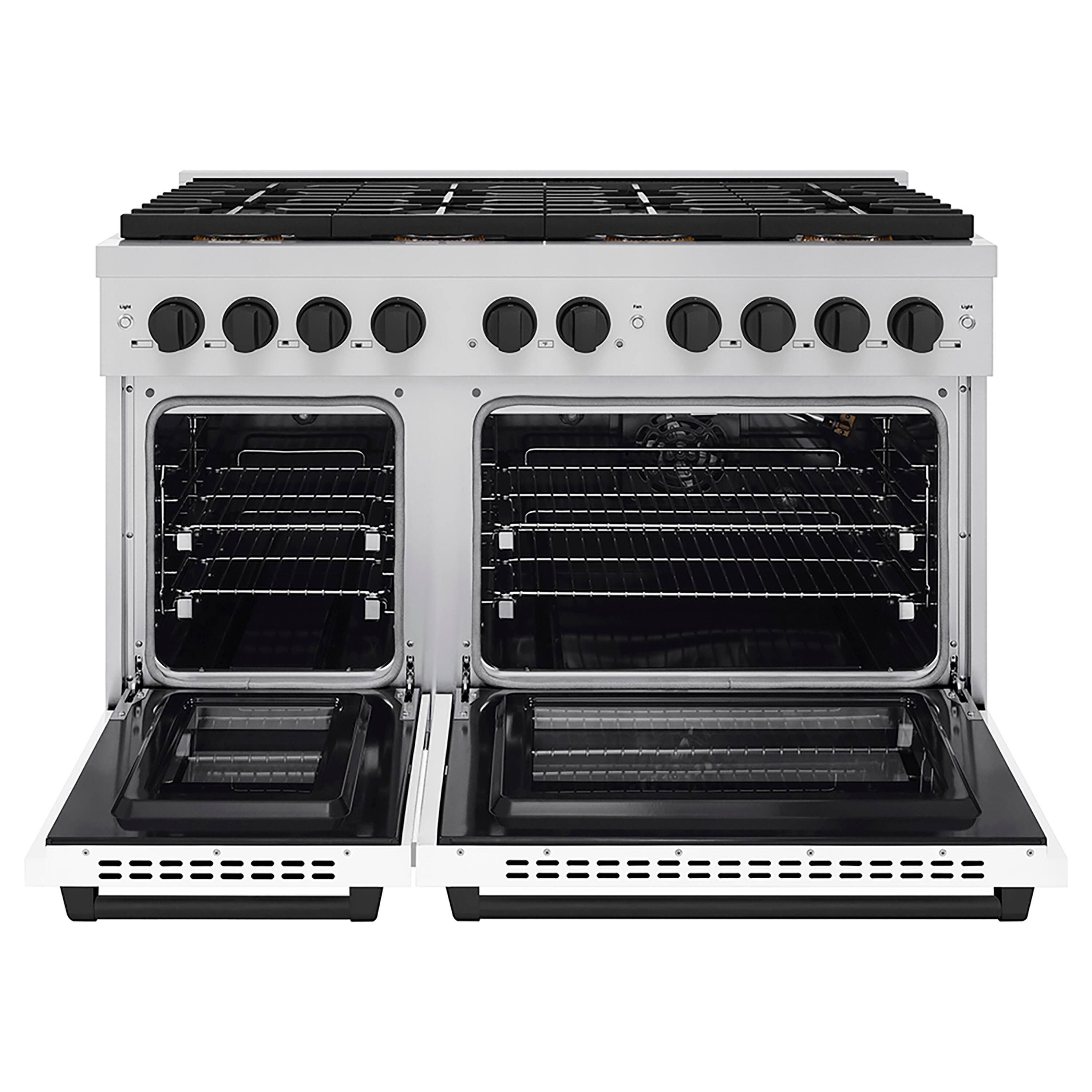 Angle. ZLINE - ZLINE Autograph 48 in. Paramount Gas Range with 8 DuoPro Burners & White Doors w/ Black Accents (PSGRZ-WM-48-MB) - Stainless Steel with White Matte Door.