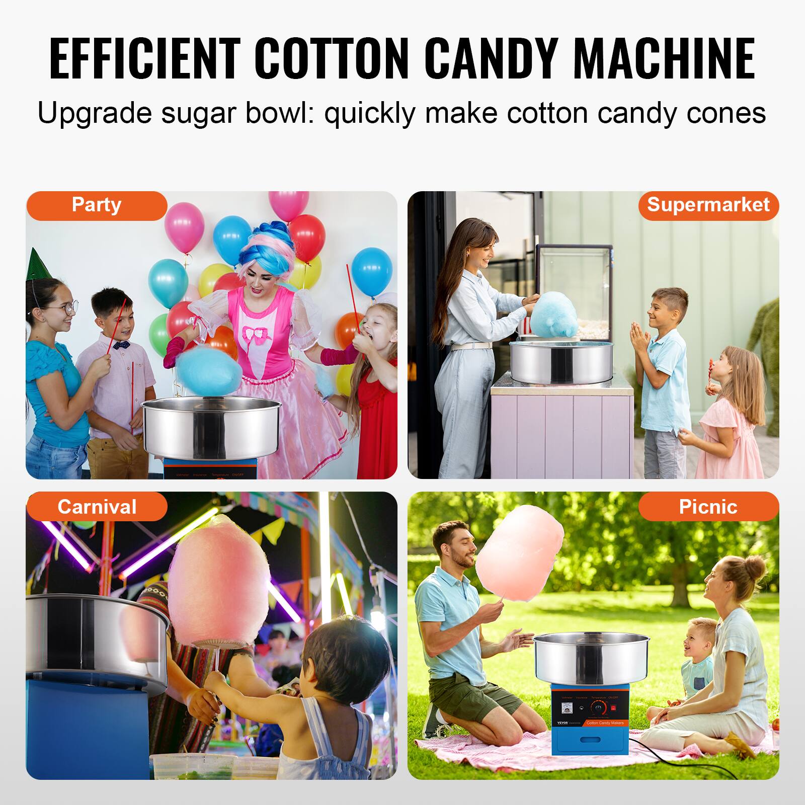 EFFICIENT COTTON CANDY MACHINE  
Upgrade sugar bowl: quickly make cotton candy cones  

Party  
Supermarket  
Carnival  
Picnic
