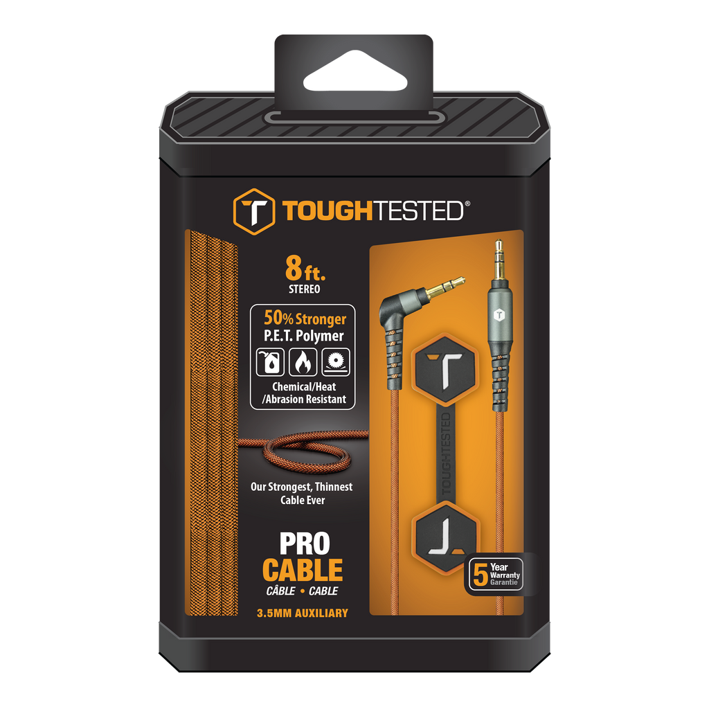 Tough Tested 8ft. Stereo 50% Stronger P.E.T. Polymer Chemical/Heat/Abrasion Resistant Our Strongest, Thinnest Cable Ever PRO CABLE 5 Year Garantie Warranty 3.5MM AUXILIARY