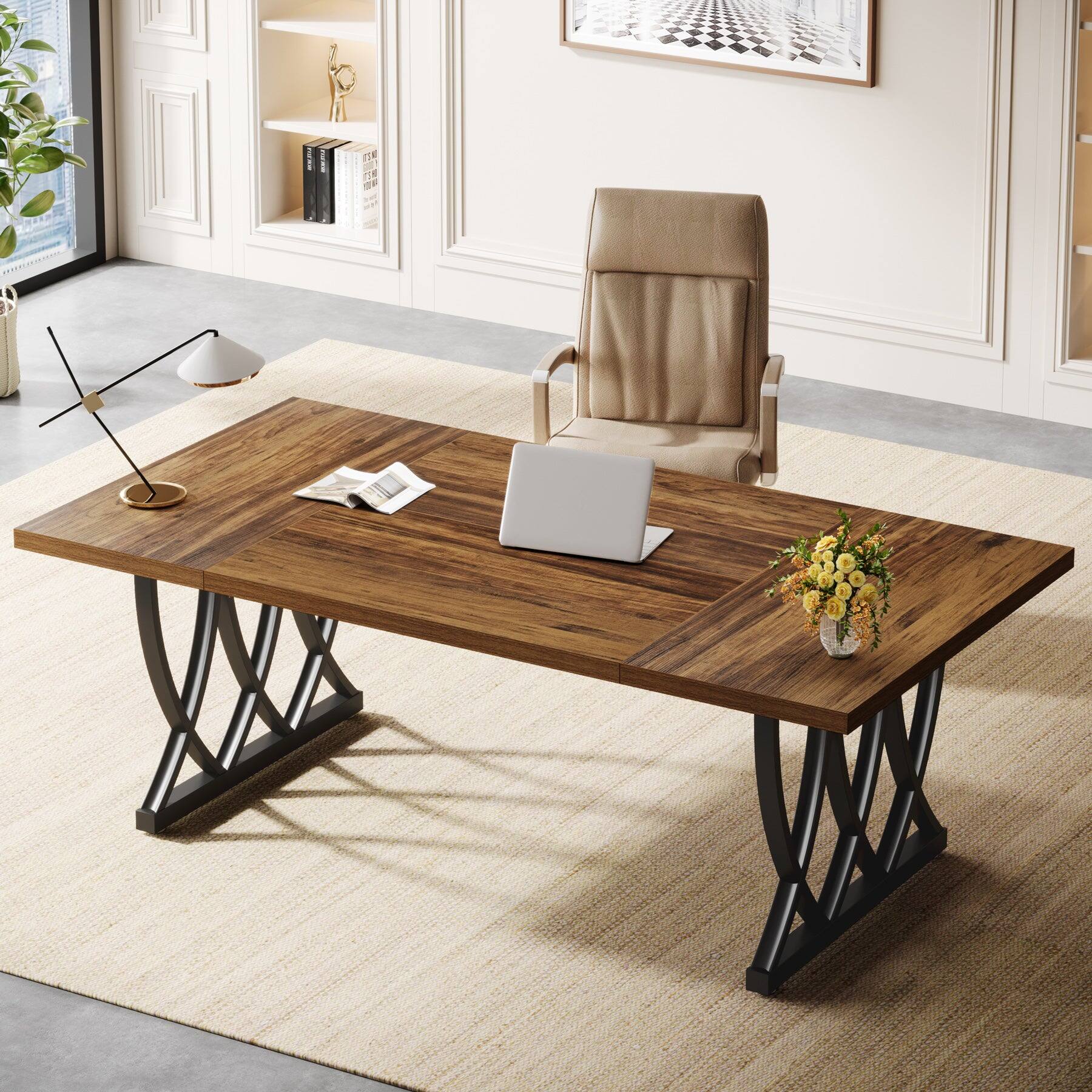 Angle. Tribesigns - Office Executive Desk with Engineered Wood Construction, Metal Frame, for Computer Work and Writing in Home Offices - Brown.