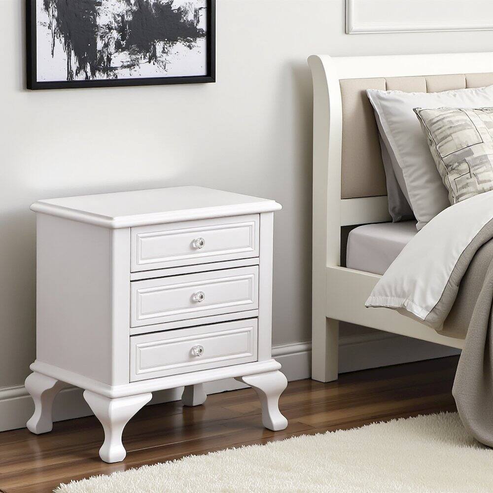 Back. FurniFact - White Vintage 3-Drawer Nightstand with Acrylic Knobs - White.