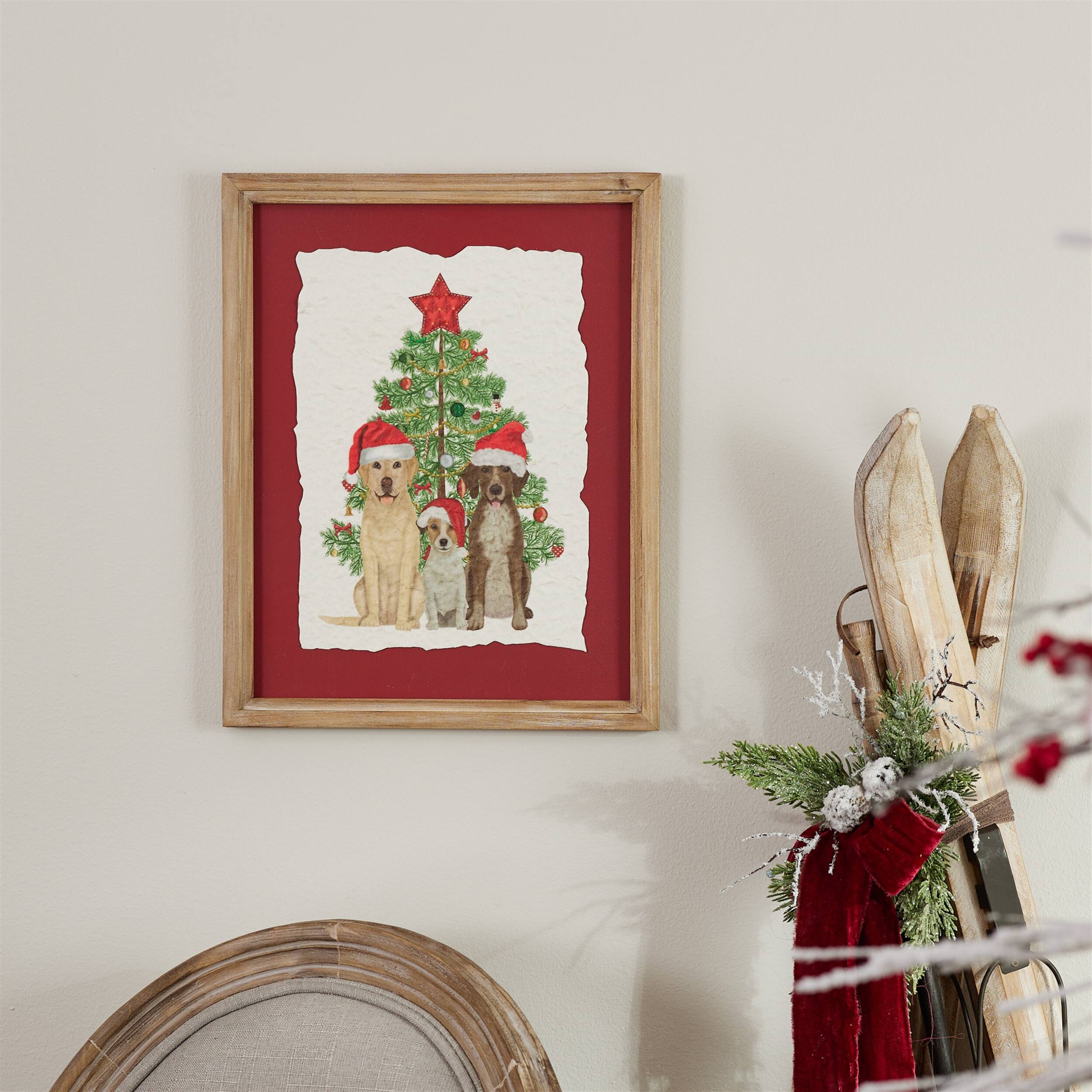 Back. BreeBe - Framed Holiday Dogs and Christmas Tree Print 15"H - Red, White, Green.