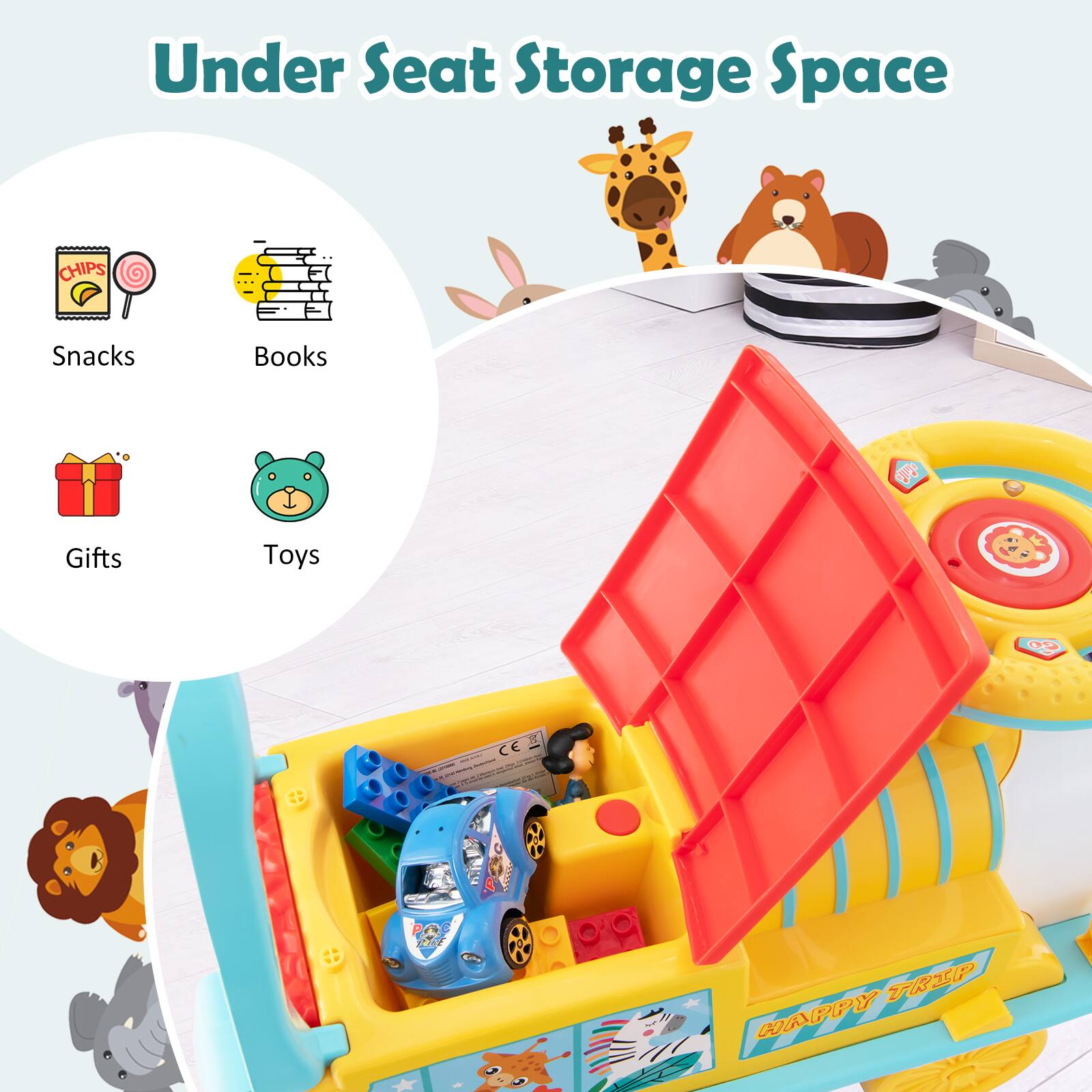 Under Seat Storage Space

- Snacks
- Books
- Gifts
- Toys