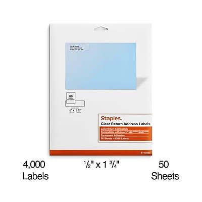 Staples  
Clear Return Address Labels  
4,000 Labels  
1/2" x 1 3/4"  
50 Sheets