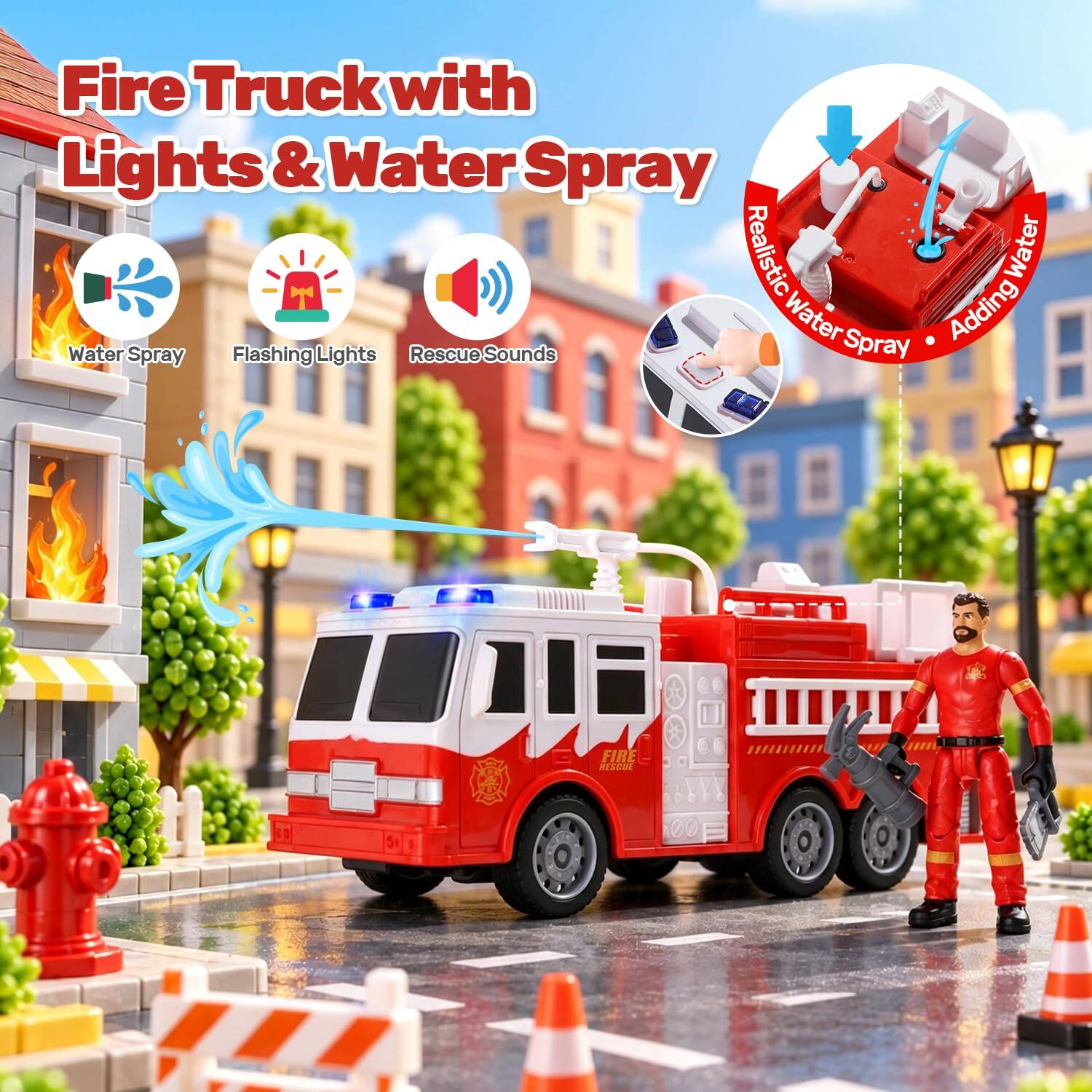 Fire Truck with Lights & Water Spray  
Realistic Water Spray  
Flashing Lights  
Rescue Sounds  
Adding Water