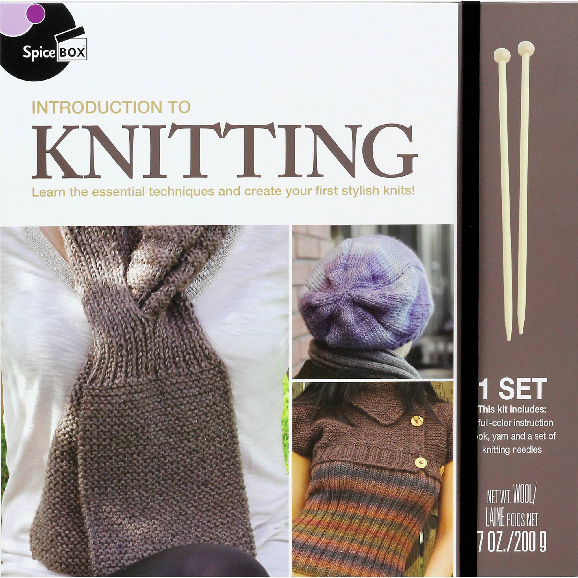 Spice Box Introduction to Knitting: Learn the essential techniques and create your first stylish knits! 1 SET This kit includes: full-color instruction, yarn, and a set of knitting needles.