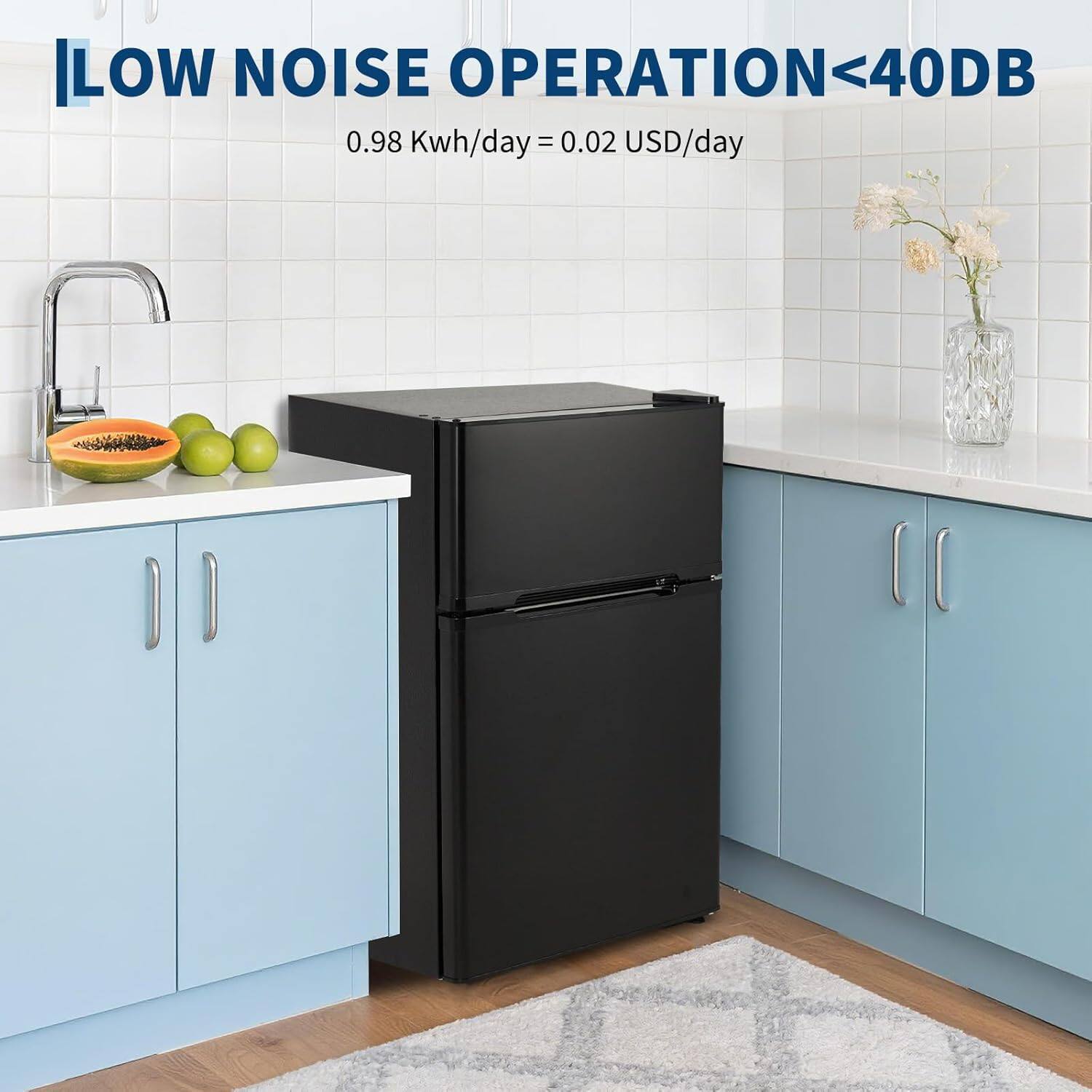 LOW NOISE OPERATION <40DB  
0.98 Kwh/day = 0.02 USD/day