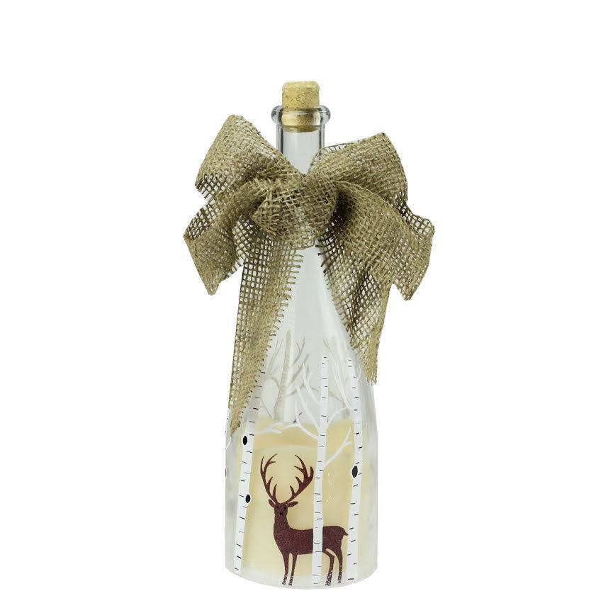 Front. Northlight - 10" LED Flameless Pillar Candle in a Clear Glass Bottle Lantern with Deer Accents - Clear.