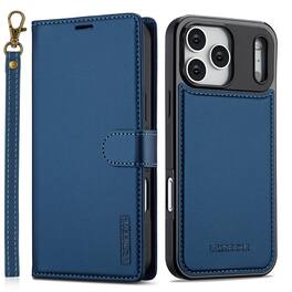 Dteck - For Apple iPhone 17 Pro Premium PU Leather Detachable Folio Card Slots Wallet Phone Case With Wrist Strap - Blue