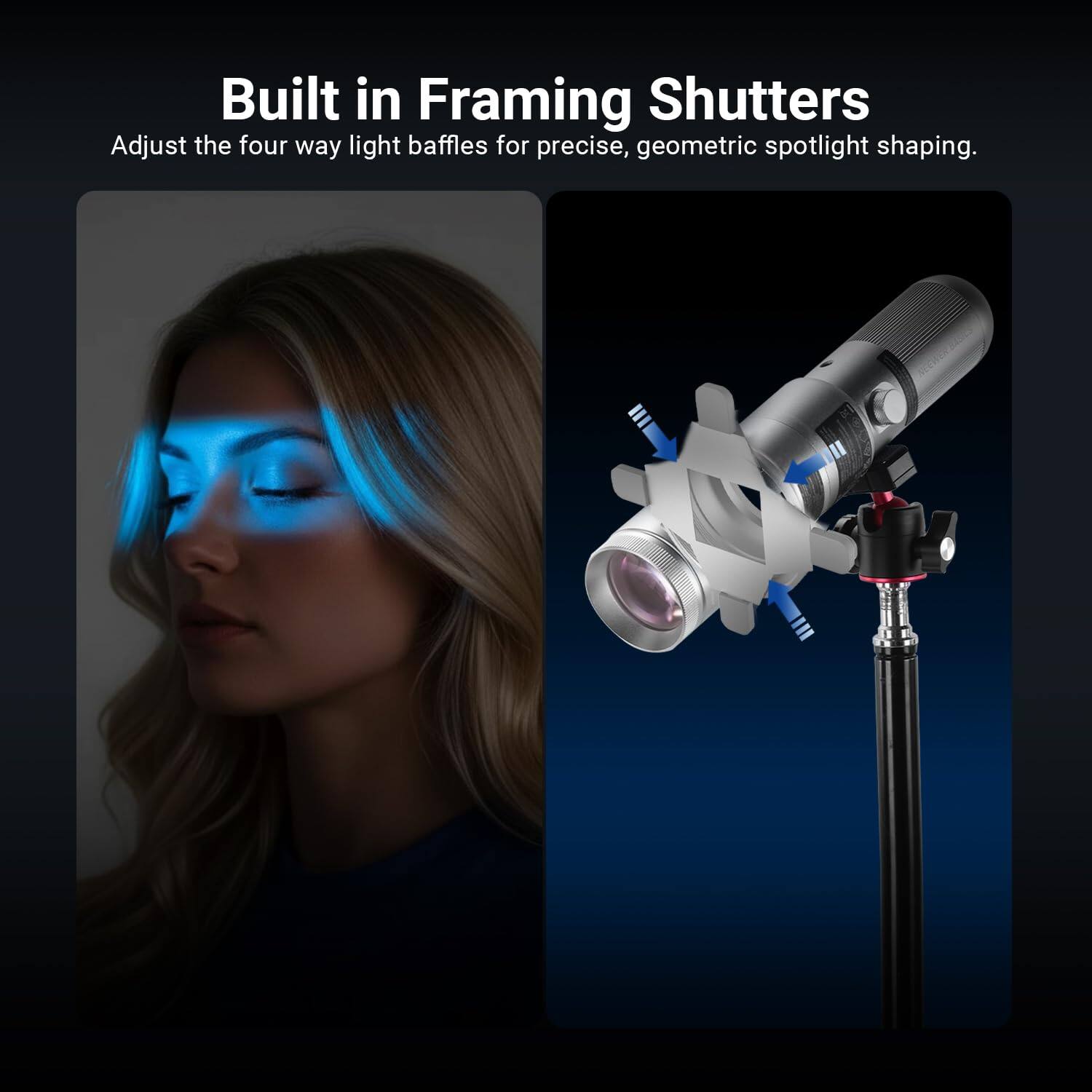 Built in Framing Shutters  
Adjust the four way light baffles for precise, geometric spotlight shaping.