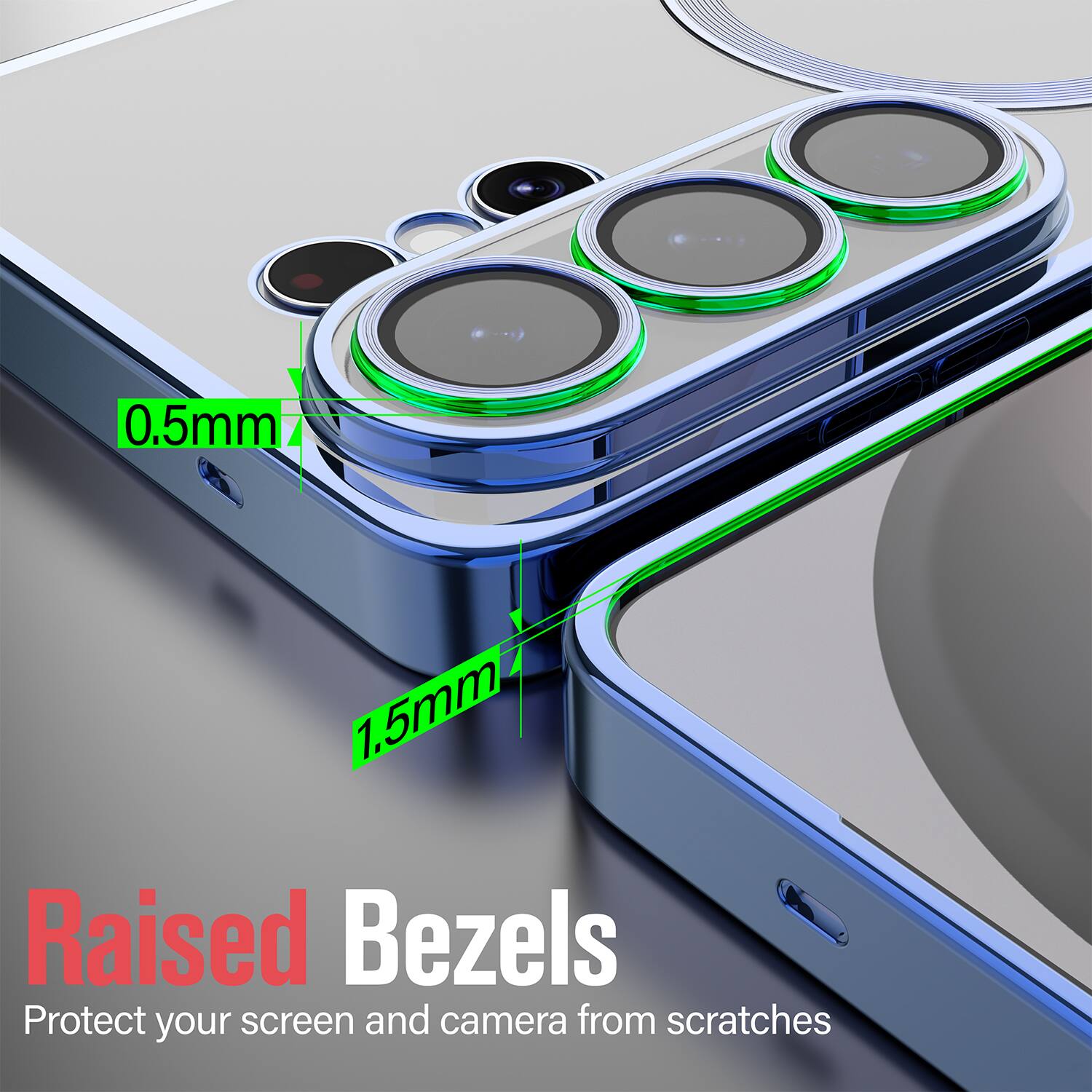 0.5mm 1.5mm Raised Bezels  
Protect your screen and camera from scratches