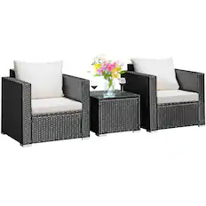 Front. Costway - 3PCS Patio wicker Furniture Set Conversation Rattan Sofa Set w/Cushion Garden - Black,White.