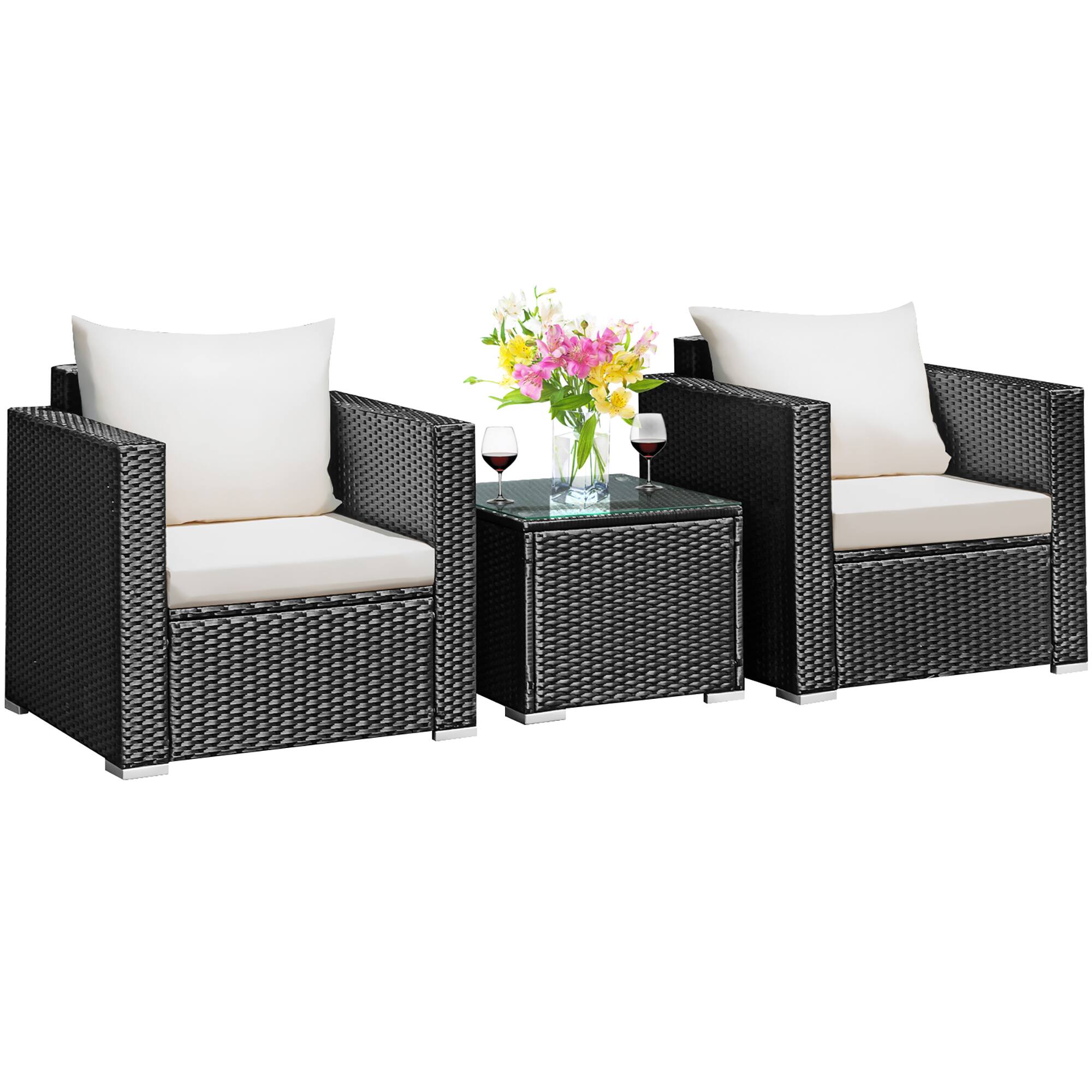 Front. Costway - 3PCS Patio wicker Furniture Set Conversation Rattan Sofa Set w/Cushion Garden - Black,White.