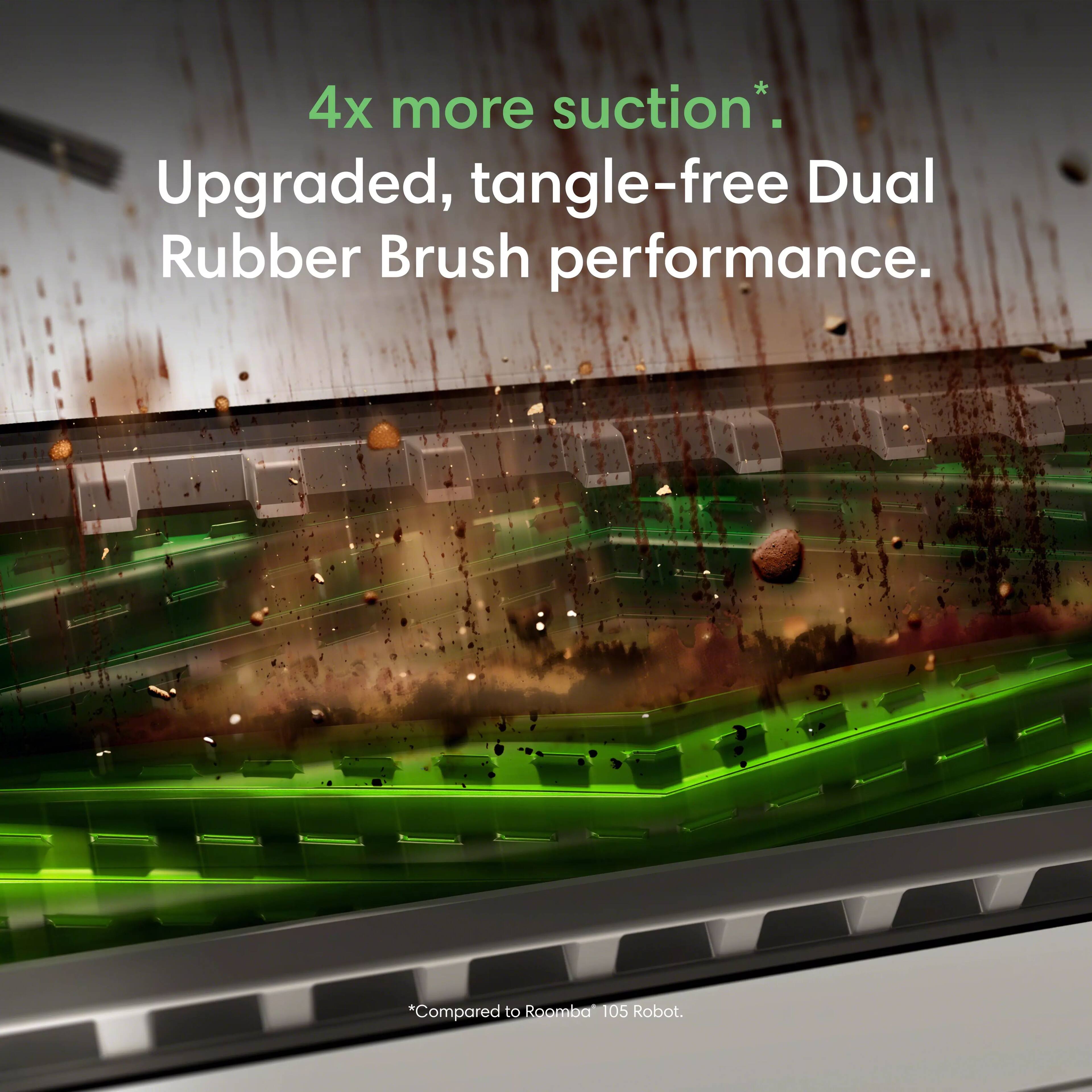 4x more suction*. Upgraded, tangle-free Dual Rubber Brush performance.
*Compared to Roomba 105 Robot.
