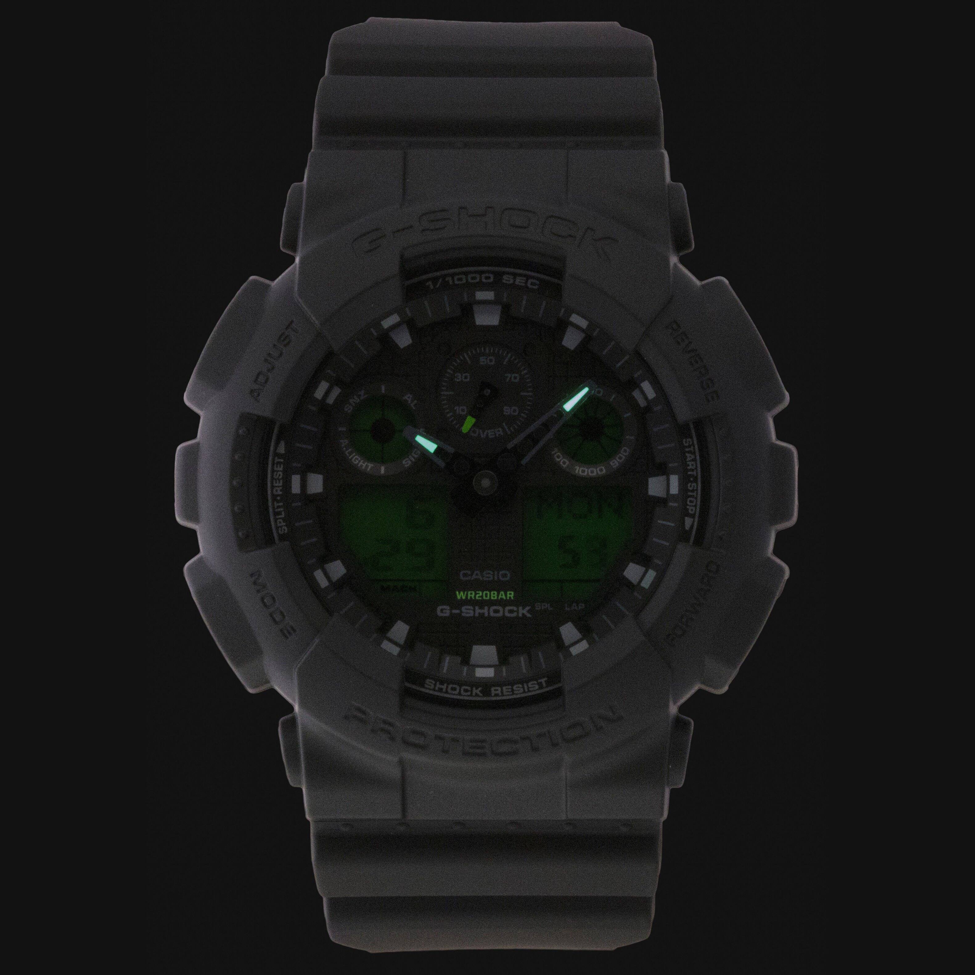 C-SHOCK 1/1000 SEC ADJUST ZNS AL 10 30 50 80 70 REVERSE SE OVER A.LIGHT I SIG 100 0000 900 START SPLIT-RESET 29 b 53 STOP CASIO MACK WR20BAR MODE G-SHOCK SPL LAP FORWARD SHOCK RESIST PROTECTION