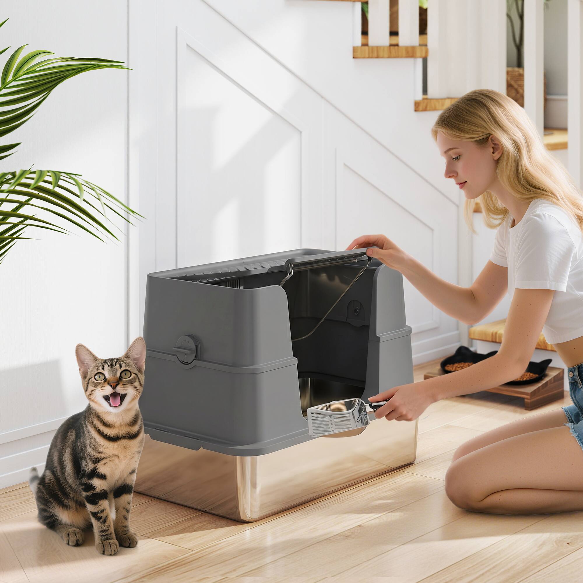 Alt View 1. Pawhut - Stainless Steel Litter Box w/ 100° Flip Top, Scoop - Dark Gray.