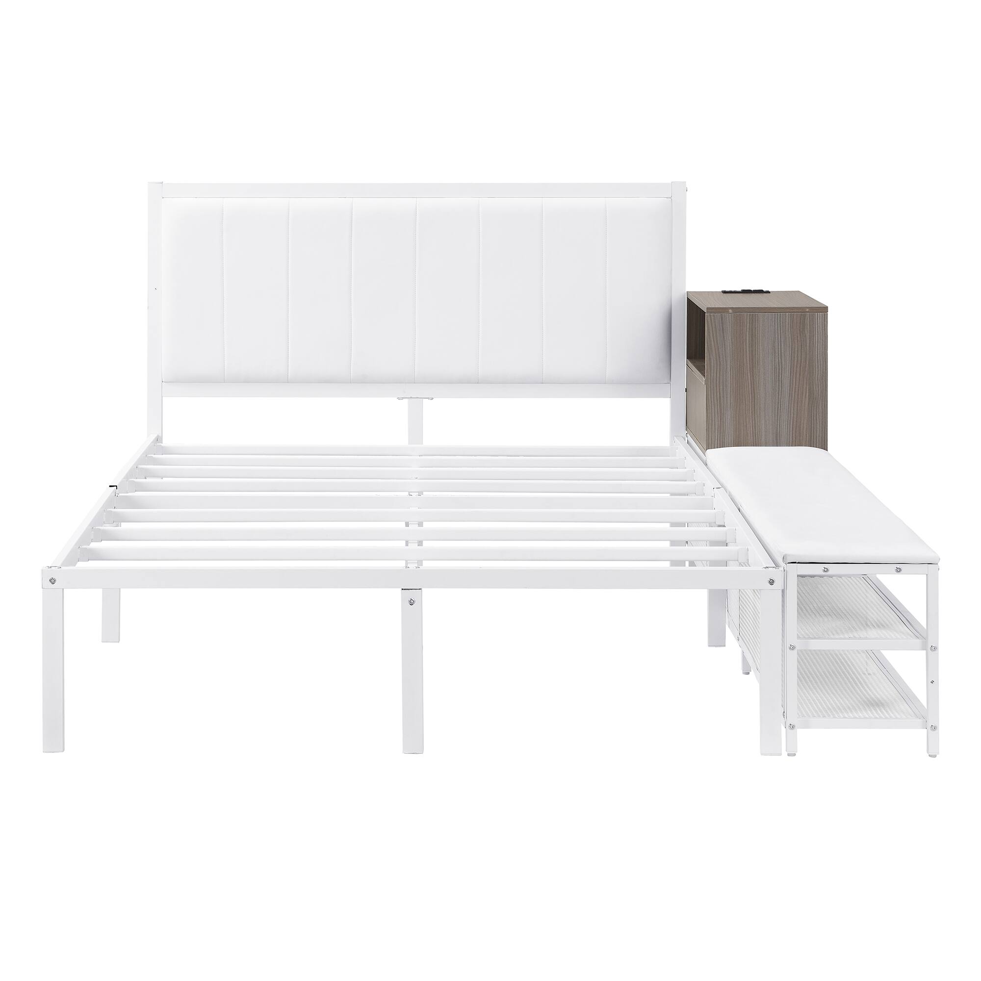Alt View 1. Tiramisubest - Full size Metal Platform Bed with Two-Tier Storage Shelves, Wooden Storage Cabinet, White - White.