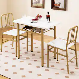 Gymax - 3-Piece Rectangular Dining Table&Chairs Set Wooden Breakfast Nook w/Storage Rack Gold - White