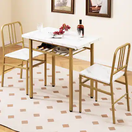 Front. Gymax - Gymax 3-Piece Rectangular Dining Table&Chairs Set Wooden Breakfast Nook w/Storage Rack White & Gold - White.