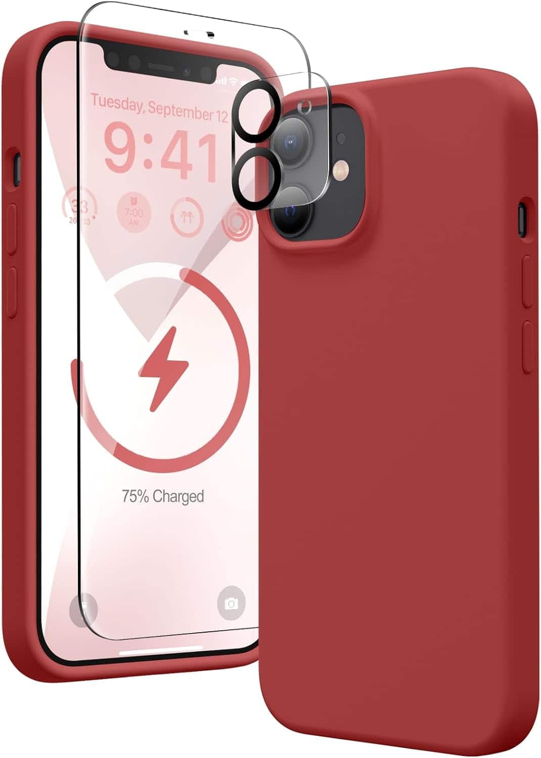 Entronix - iPhone 12 Protection Bundle - Liquid Silicone Case, Screen Protector & Camera Lens Protector - Red