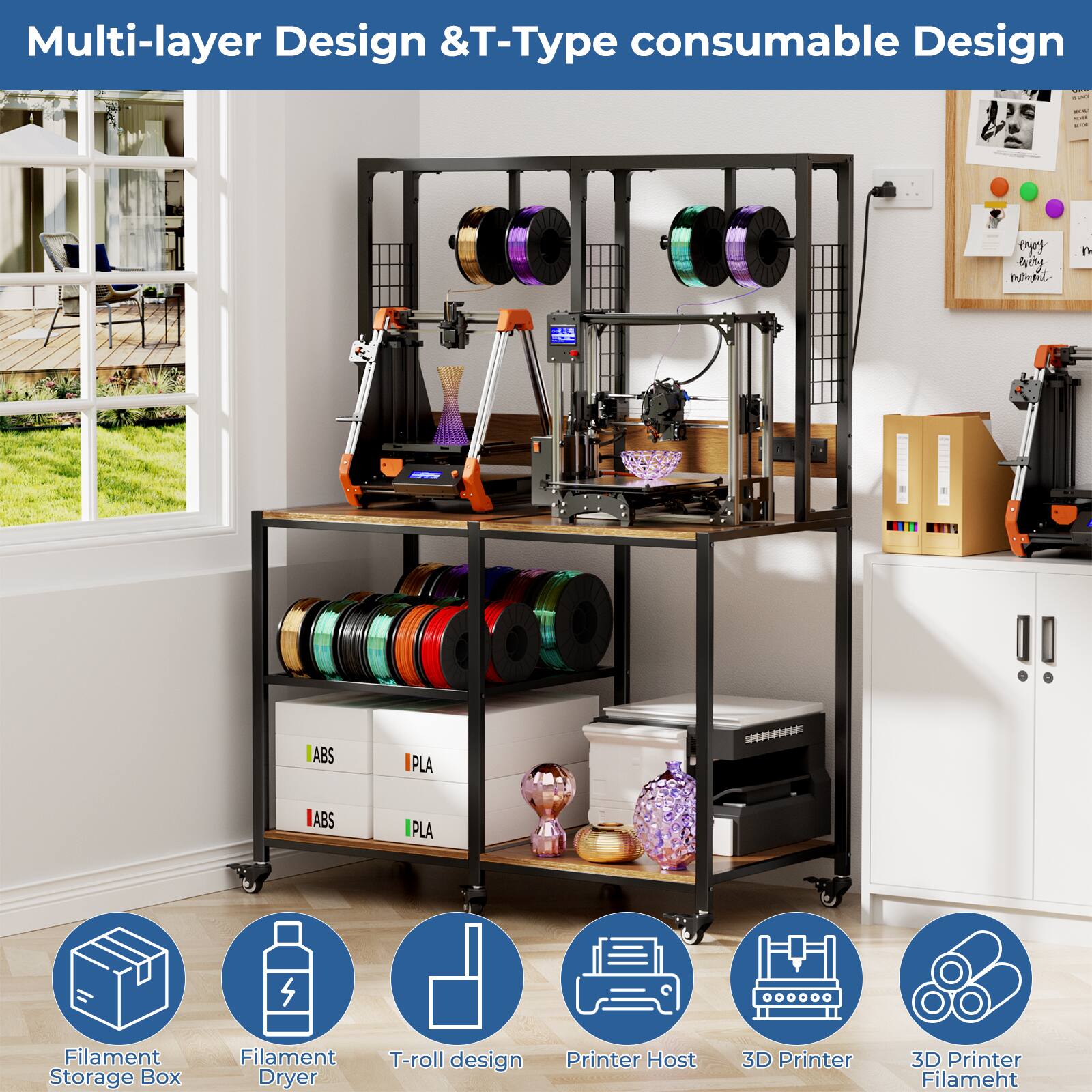 Multi-layer Design & T-Type consumable Design

- Filament Storage Box
- Filament Dryer
- T-roll design
- Printer Host
- 3D Printer
- 3D Printer Filament