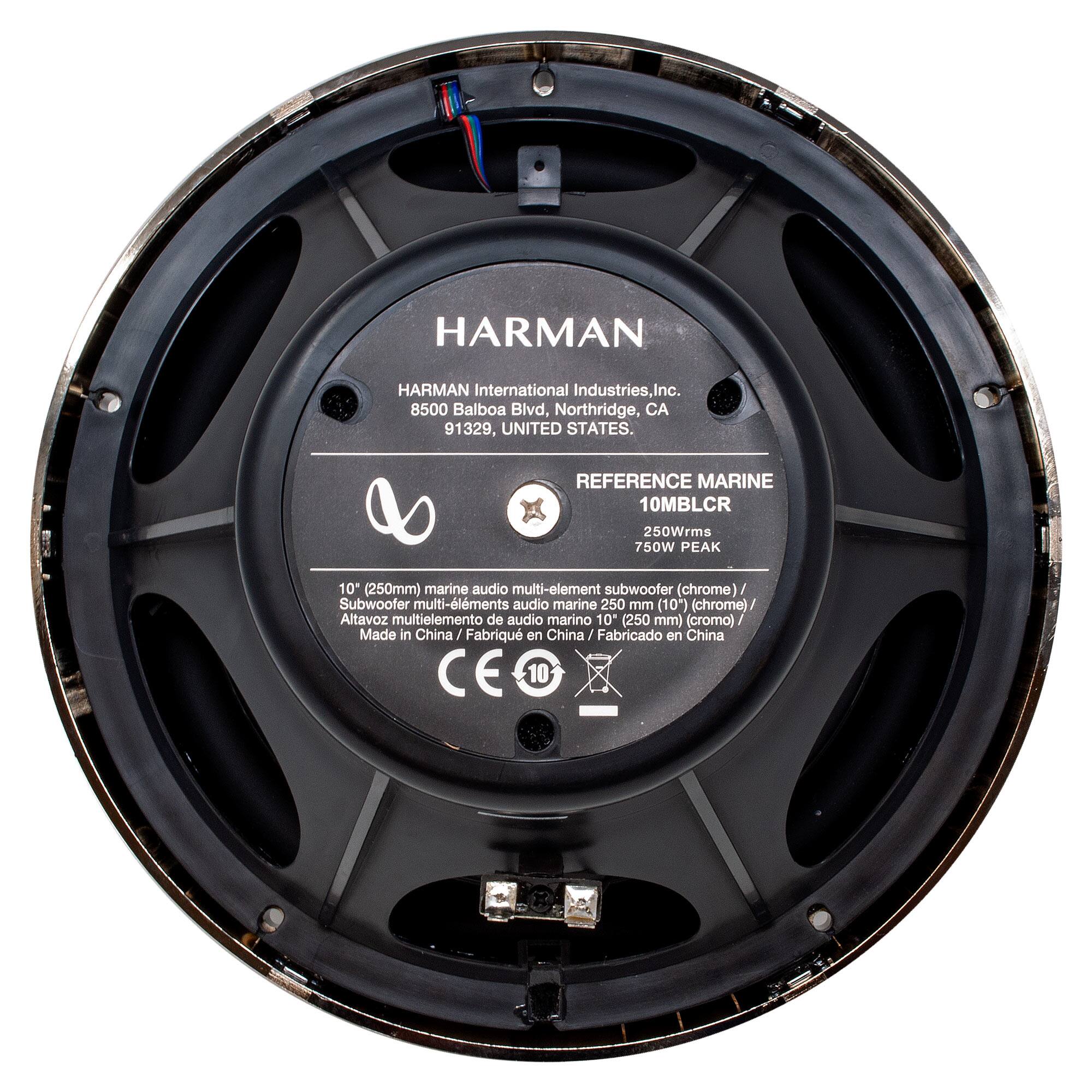 HARMAN International Industries, Inc.  
8500 Balboa Blvd, Northridge, CA 91329, UNITED STATES.  

REFERENCE MARINE  
10MBLCR  
250W rms  
750W PEAK  
10" (250mm) marine audio multi-element subwoofer (chrome)  
Subwoofer multi-éléments audio marine 250 mm (10") (chrome)  
Altavoz multielemento de audio marino 10 (250 mm) (cromo)  
Made in China / Fabrique en Chine / Fabricado en China