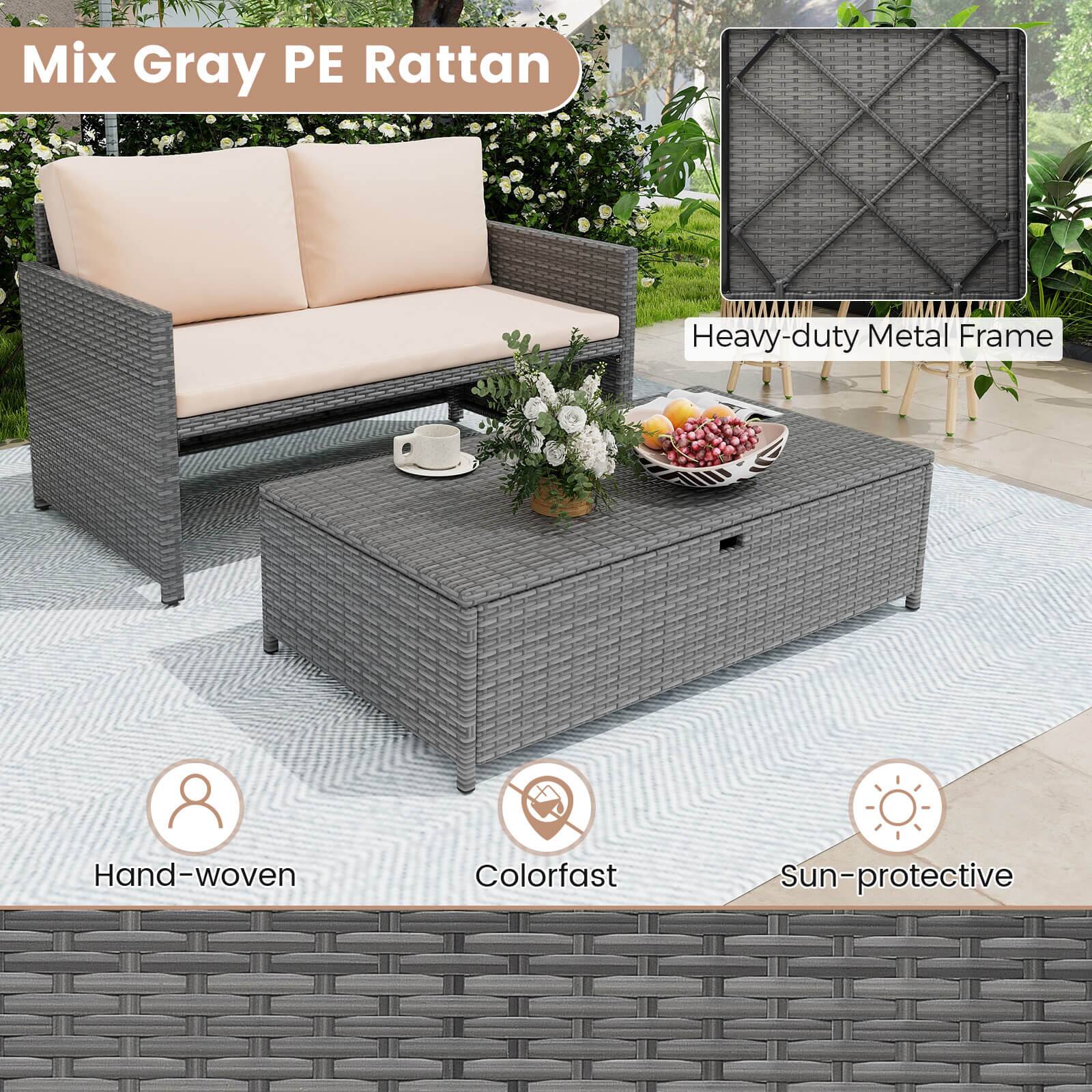 Mix Gray PE Rattan  
Heavy-duty Metal Frame  
Hand-woven  
Colorfast  
Sun-protective