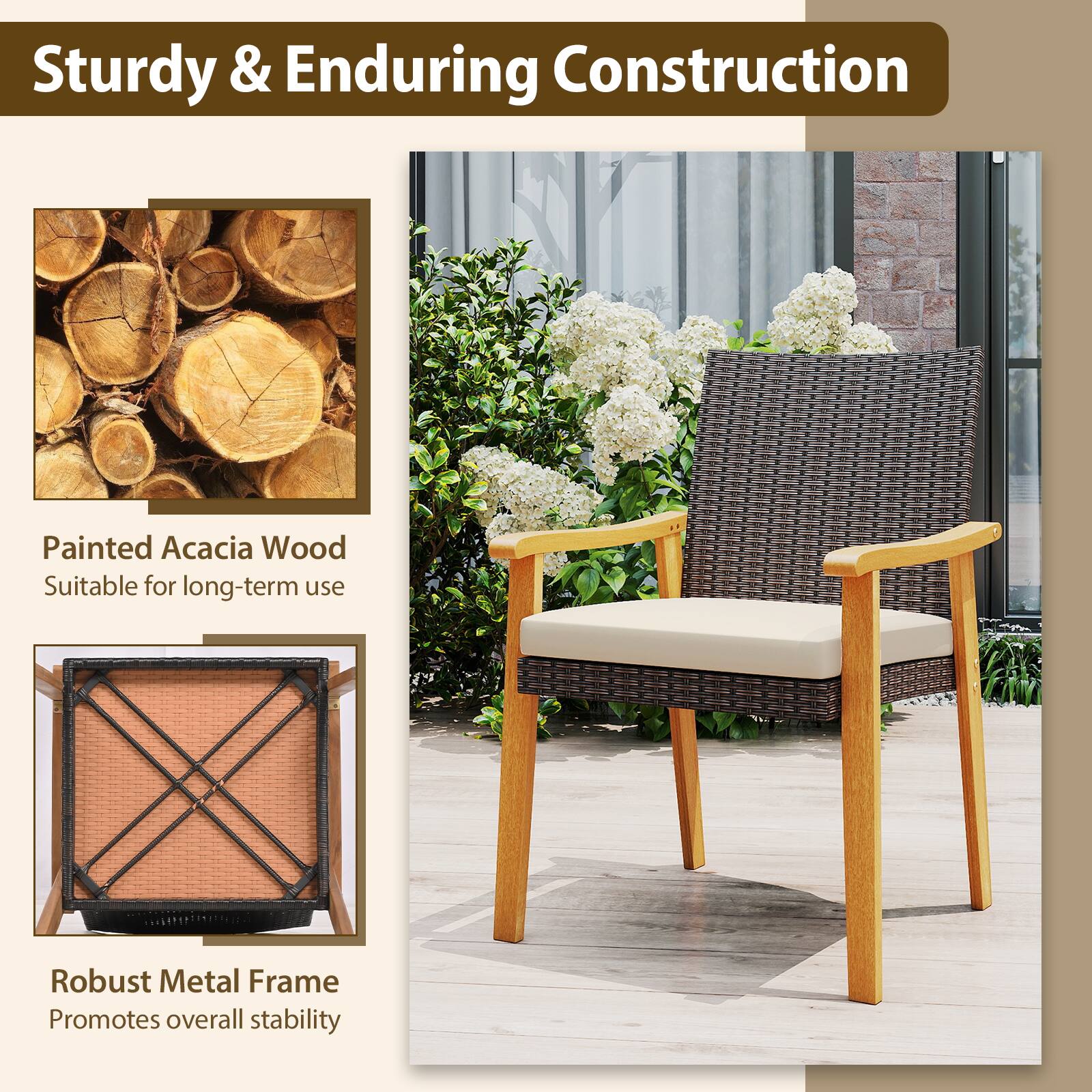 Sturdy & Enduring Construction

Painted Acacia Wood
Suitable for long-term use

Robust Metal Frame
Promotes overall stability