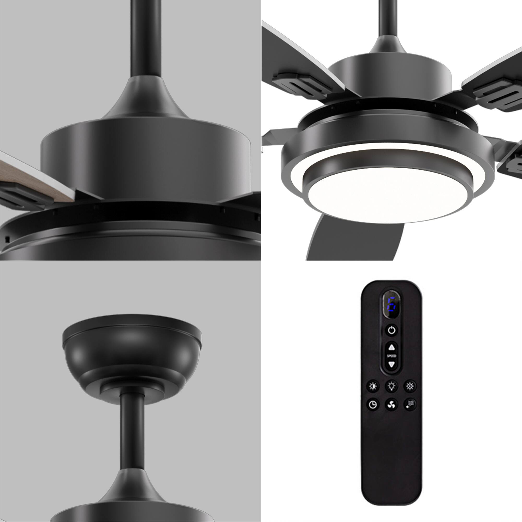 Alt View 6. Siljoy - 52 in Modern Black Ceiling Fan LED Light Remote Reversible 5 Gray and Oak Blades for Bedroom Living Room Patio - Black.