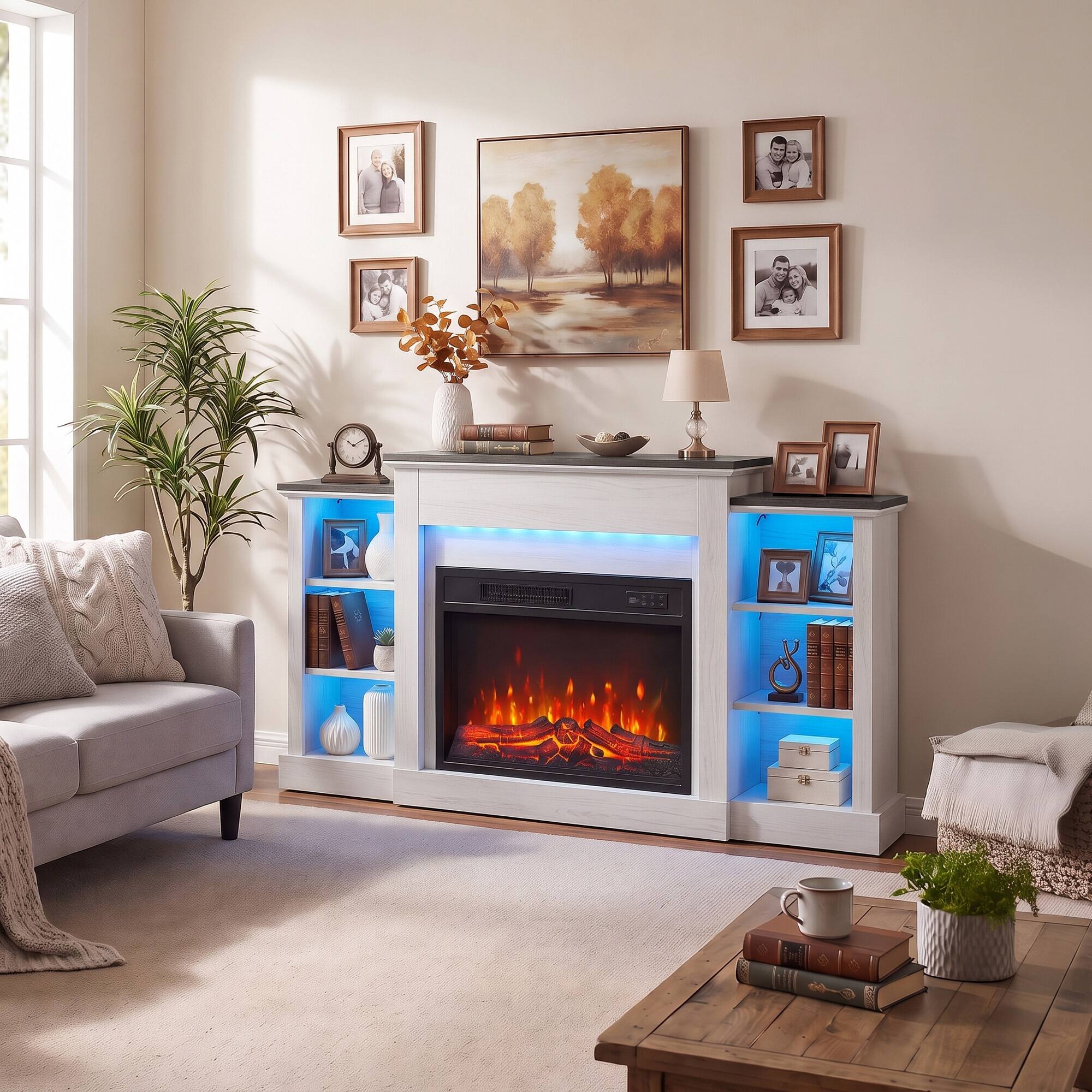 Alt View 1. Homcom - Fireplace TV Stand for TVs up to 65", Entertainment Center TV Console, RGB LED Strips, 6 Shelves - White wood grain, dark brown.