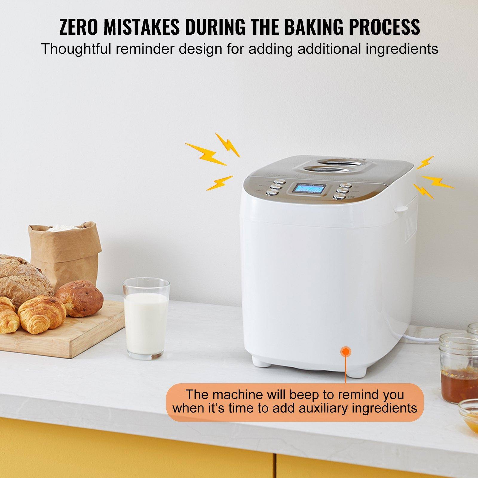 ZERO MISTAKES DURING THE BAKING PROCESS  
Thoughtful reminder design for adding additional ingredients  

The machine will beep to remind you when it's time to add auxiliary ingredients