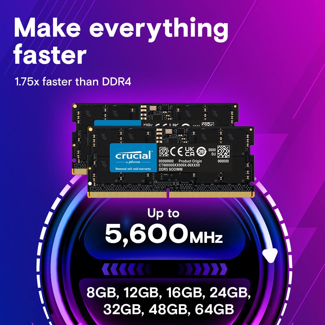 Make everything faster
1.75x faster than DDR4
UK 0000 C E 20 crucial CA SU - picron 00000000 Product Origin 000000 CT000000XX000X-00XXX0
Removal will void warranty
DDRS SODIMM
Up to 5,600MHz
8GB, 12GB, 16GB, 24GB, 32GB, 48GB, 64GB