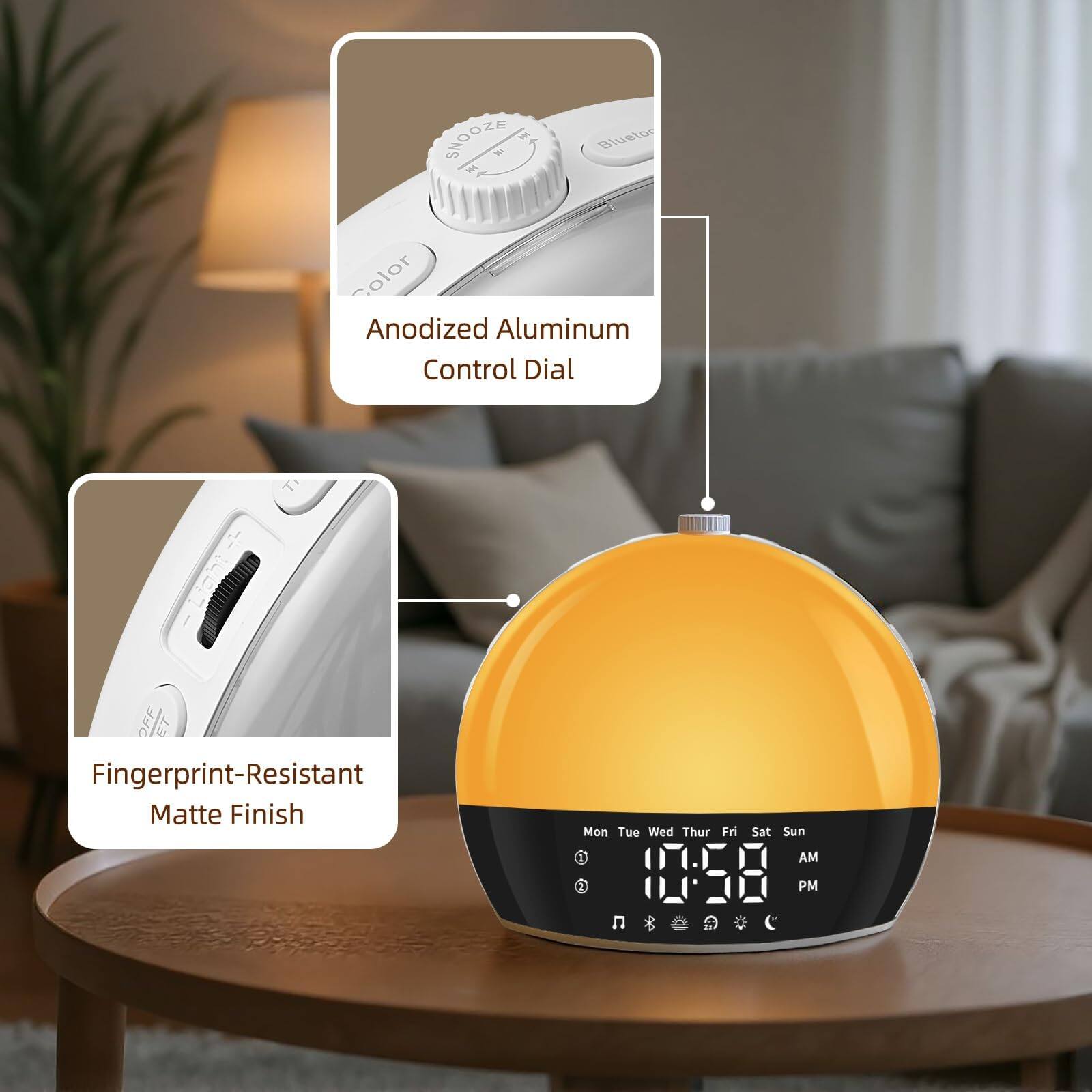 - Anodized Aluminum Control Dial
- Fingerprint-Resistant Matte Finish
- Mon Tue Wed Thu Fri Sat Sun
- 10:58 AM
- 10:58 PM