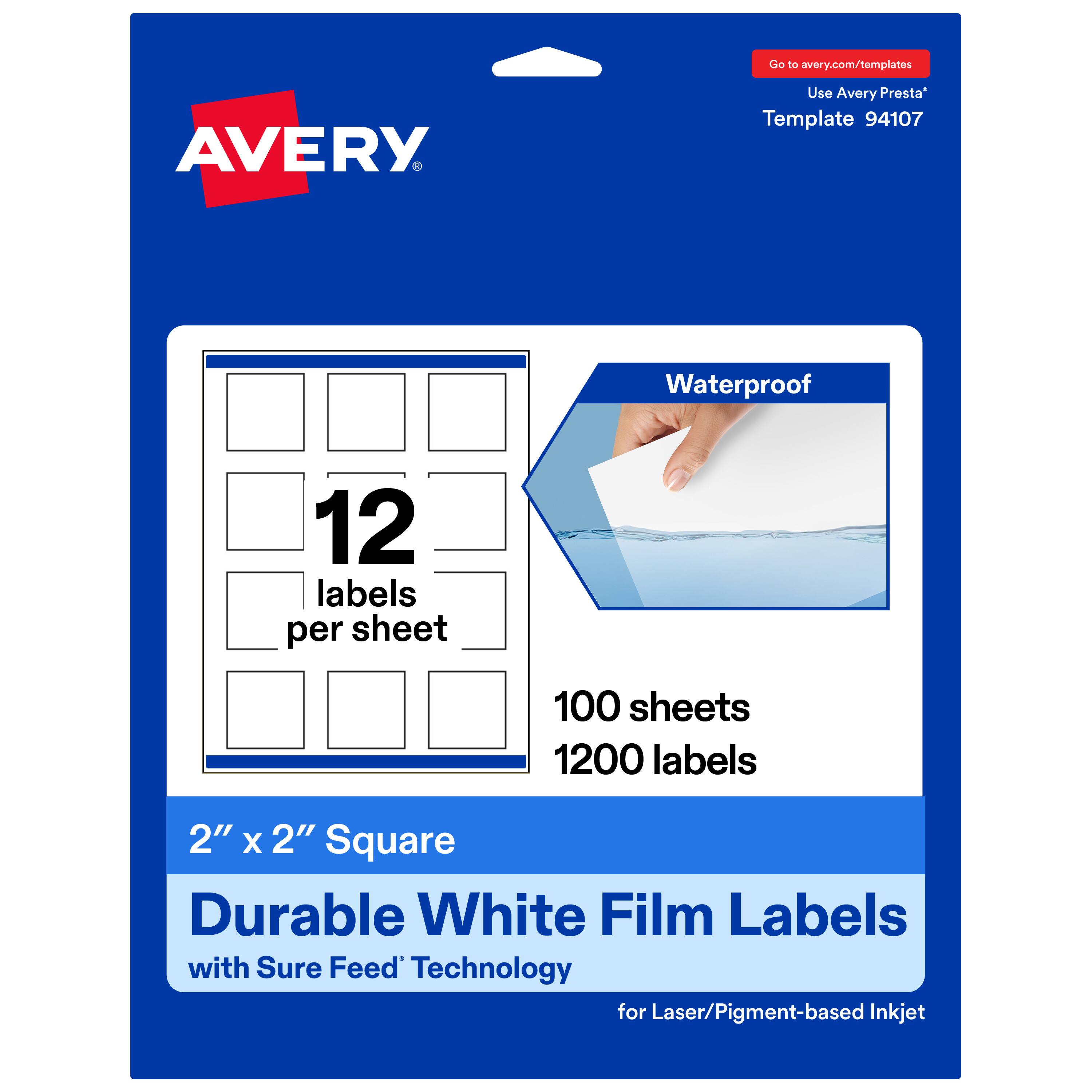 Go to avery.com/templates  
Use Avery Presta™ Template 94107  

Waterproof  
12 labels per sheet  
100 sheets  
1200 labels  

2" x 2" Square  
Durable White Film Labels with Sure Feed™ Technology for Laser/Pigment-based Inkjet