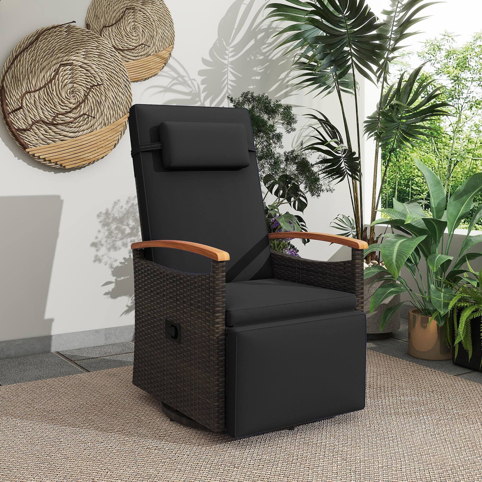 Alt View 3. Costway - Costway Outdoor 360° Swivel Rattan Recliner Chair Patio Wicker Chaise Lounge Chair - Black.