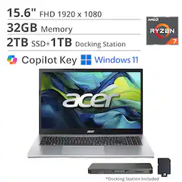 Acer - Aspire Go 15 – 15.6" FHD Laptop – AMD Ryzen 7 7730U 2023 – AMD Radeon Graphics - 32GB DDR4 – 2TB PCIe Storage - Pure Silver