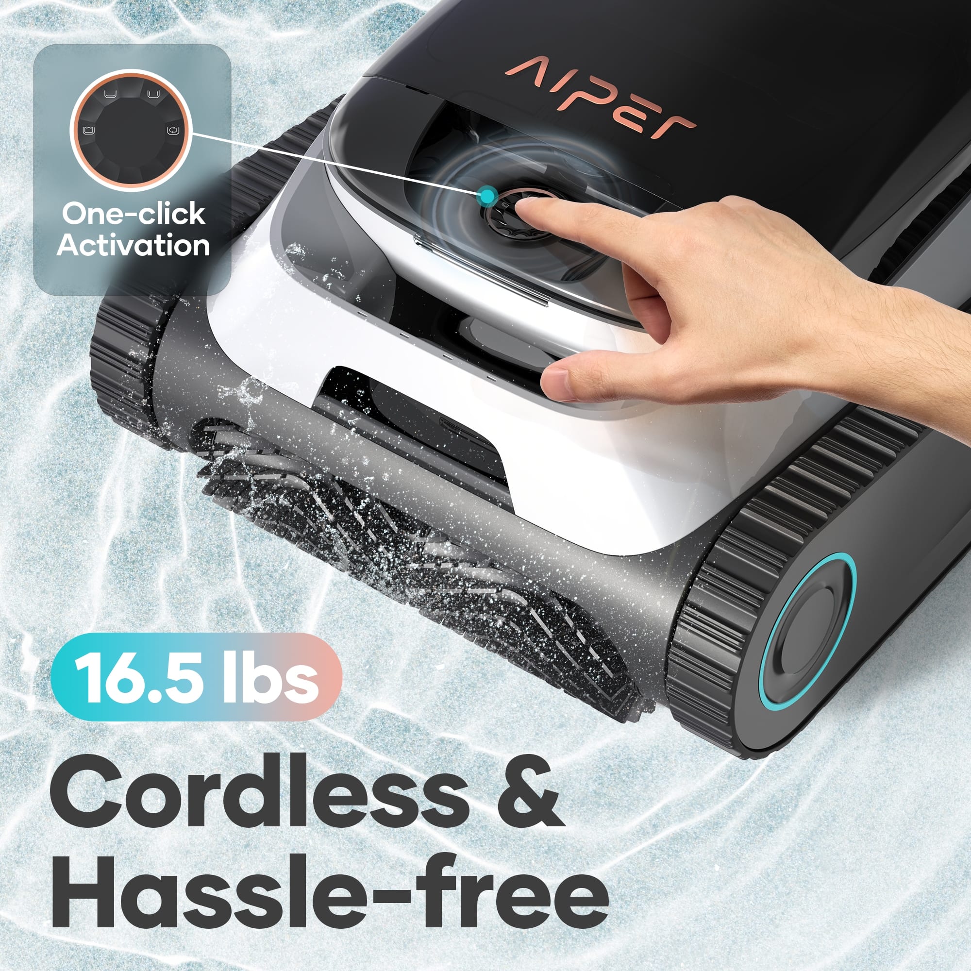 The text on the image is grouped and corrected as follows:
"One-click activation APEr 16.5 lbs Cordless & Hassle-free."