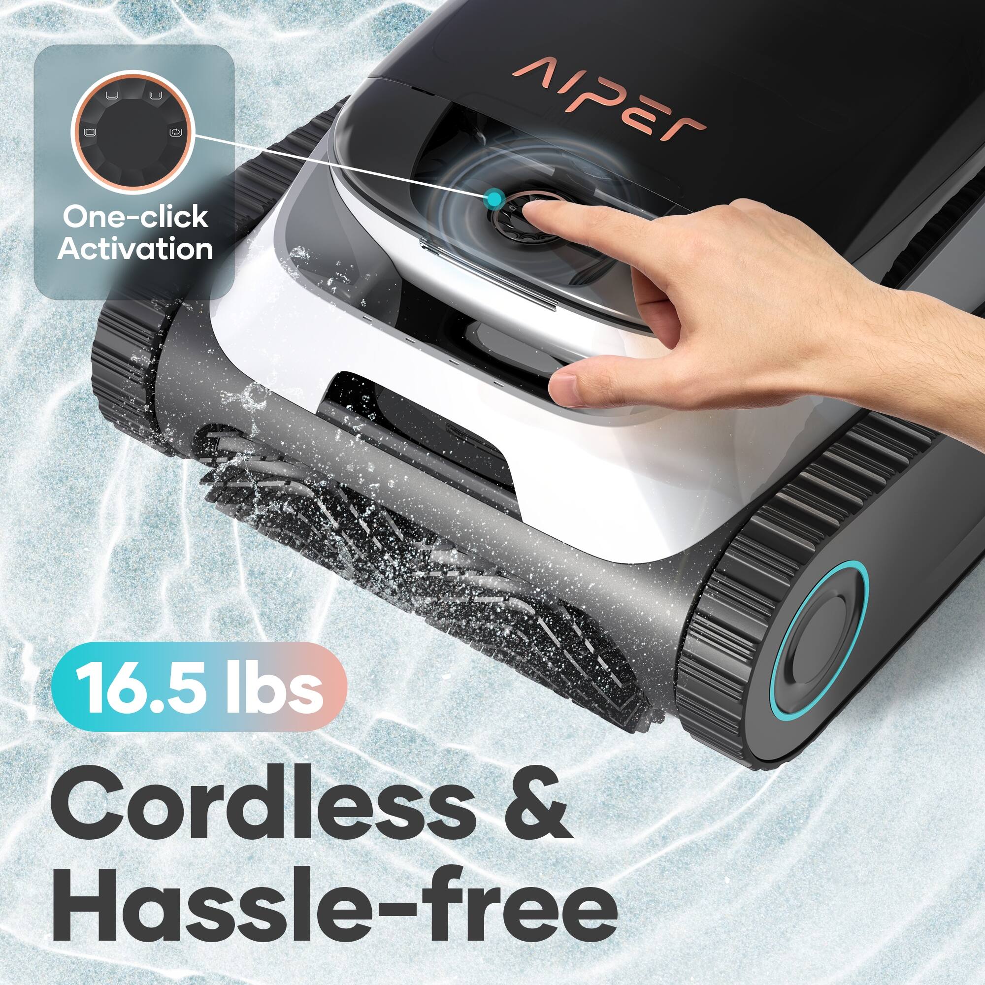 The text on the image is grouped and corrected as follows:

"One-click activation APEr 16.5 lbs Cordless & Hassle-free."