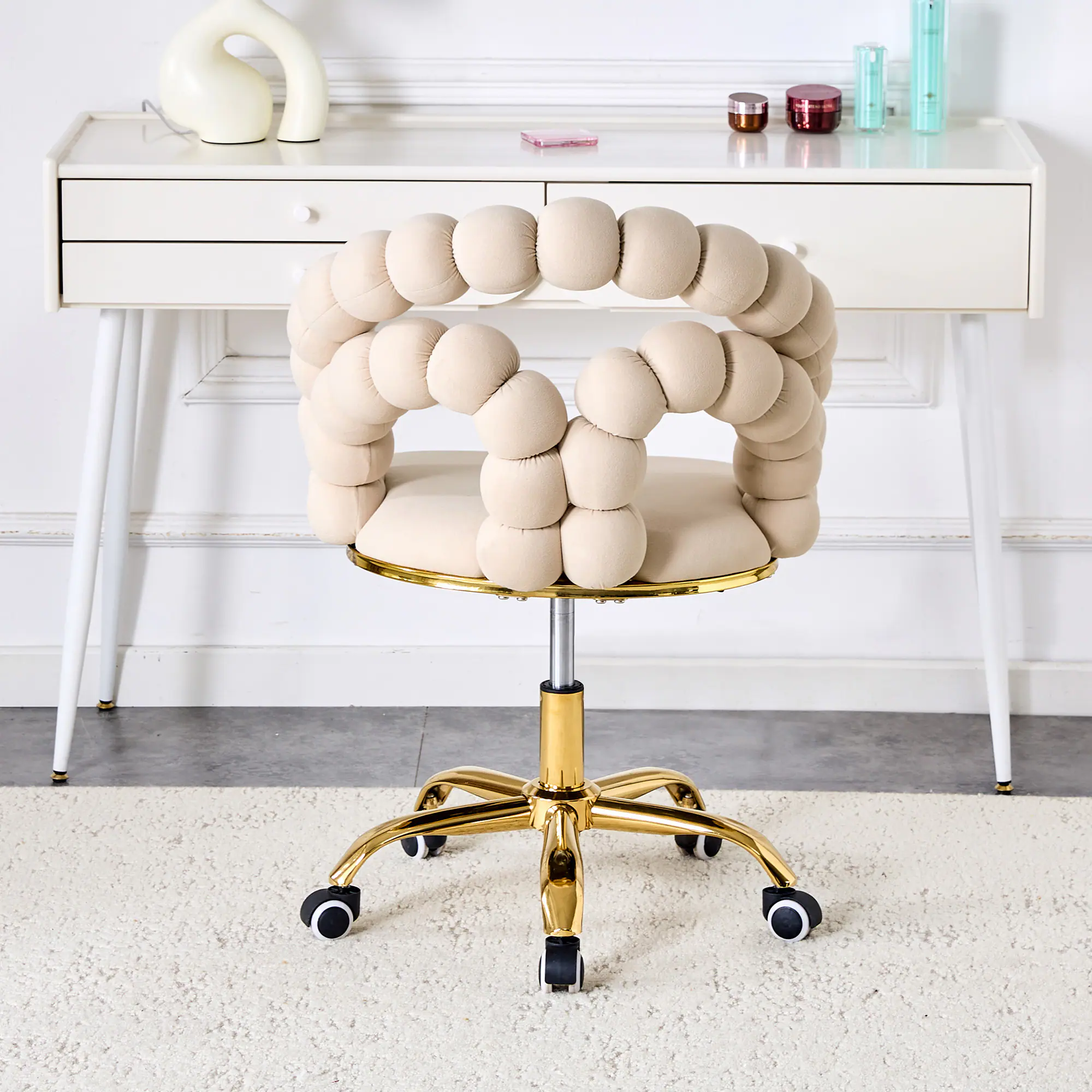 Left. Loheer - Loheer- Bubble Office Chair Beige Velvet Swivel Accent Chair for Home Office Vanity Desk, Gold Base, 2.82 ft - Beige,Gold.