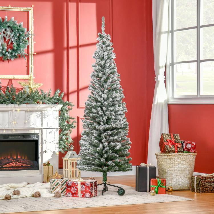 Alt View 1. PULUZ - 6ft Flocked Christmas Tree, Pencil Artificial Xmas Tree with Faux Snow, Dense Branches, Foldable Metal Base for Indoor H - Green.