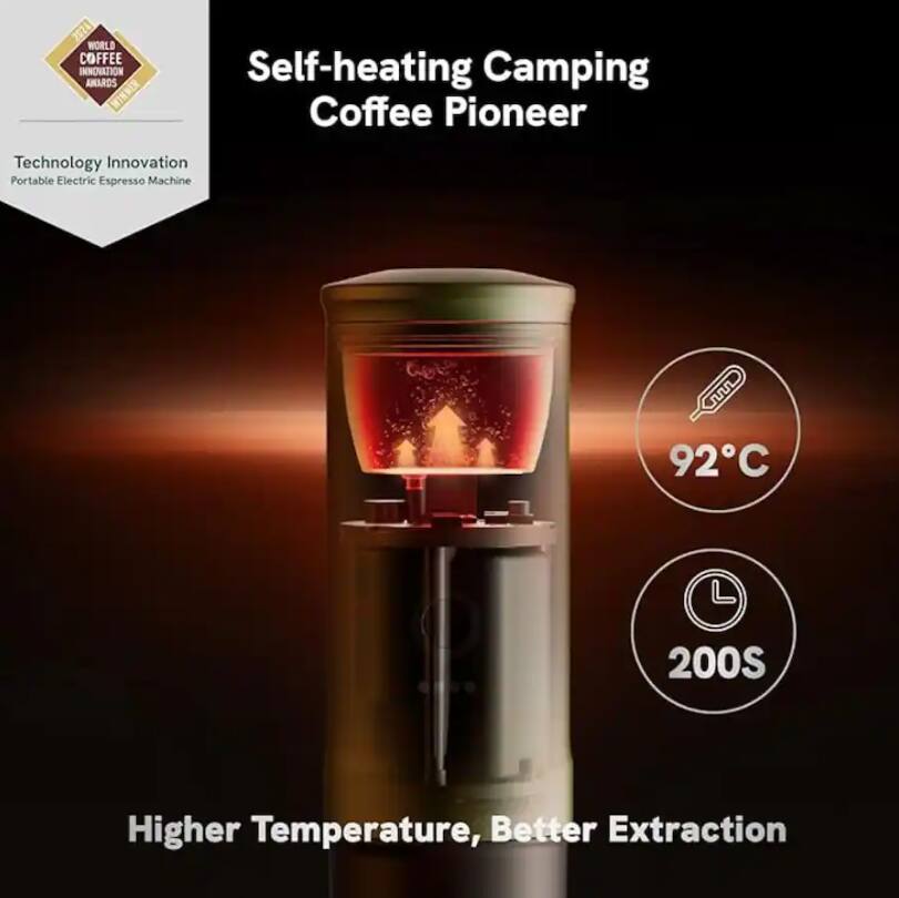 125 WORLD COFFEE INNOVATION AMAROS WINNER

Self-heating Camping Coffee Pioneer

Technology Innovation
Portable Electric Espresso Machine

Higher Temperature, Better Extraction

92°C
200S