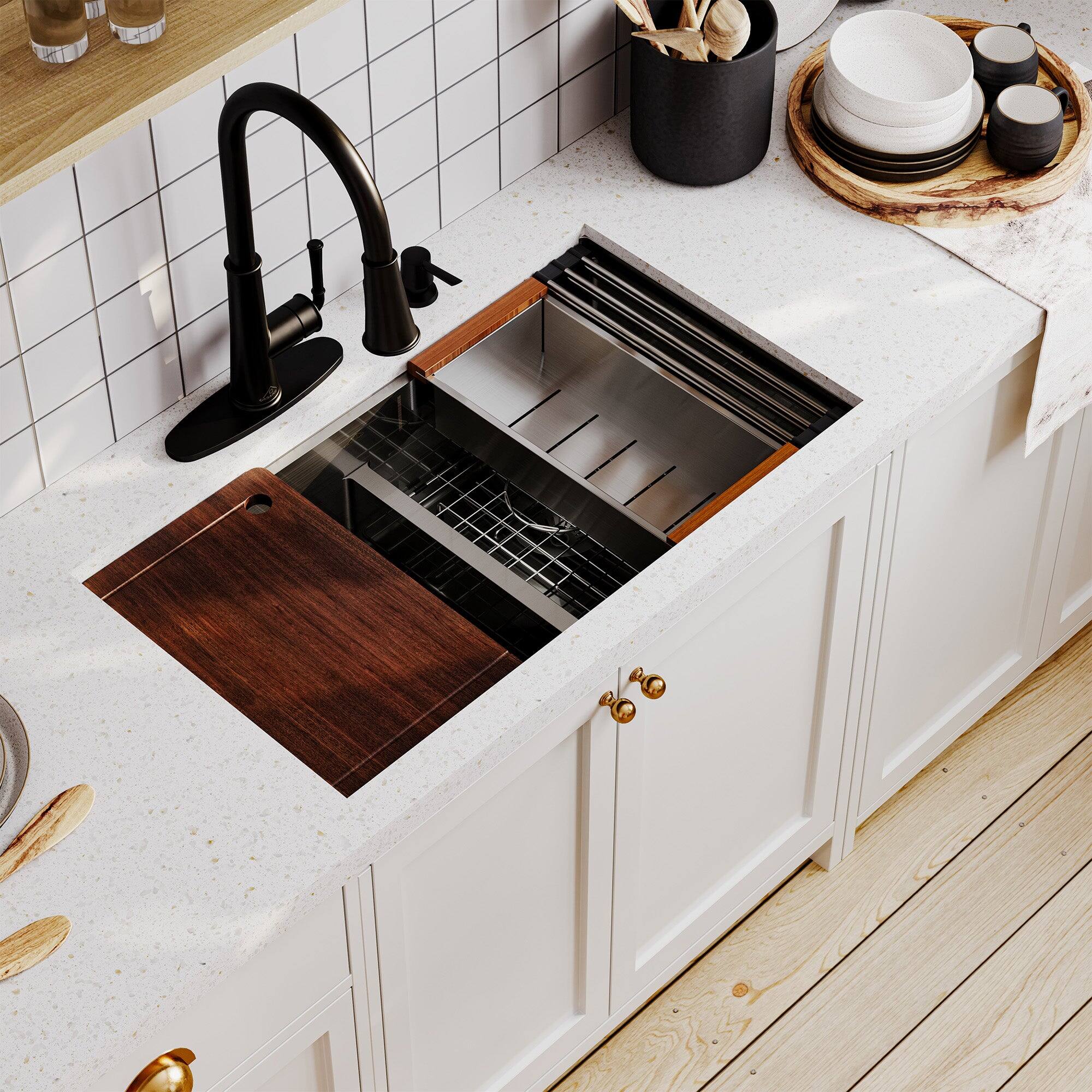 Alt View 3. Boyel Living - 33 in. Undermount Double Bowl 18-Gauge Brushed Stainless Steel Kitchen Sink with Cutting Board and Accessories - Silver.