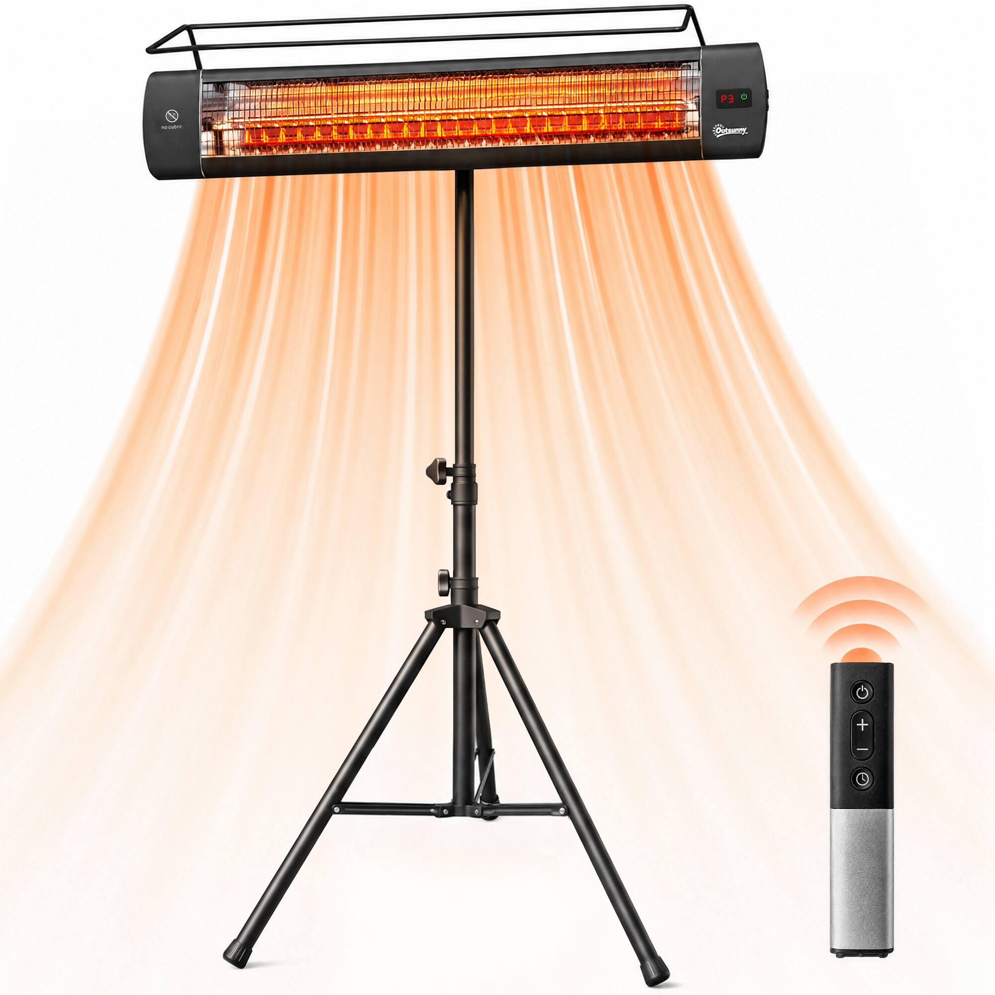 Outsunny - Patio Heater, 1500 W Standing IP65 Outdoor Infrared Heater with Tripod, 3 Heat Levels - Black