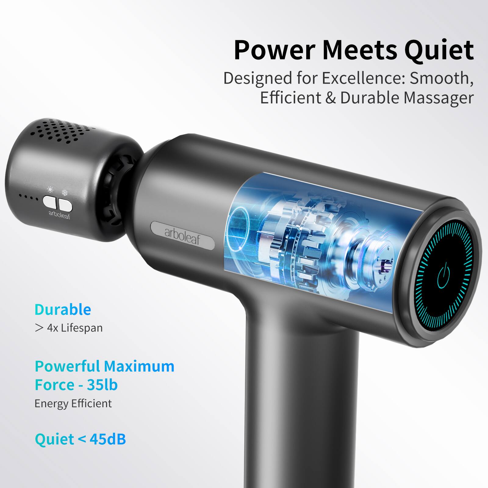 Power Meets Quiet  
Designed for Excellence: Smooth, Efficient & Durable Massager  

Durable  
> 4x Lifespan  

Powerful Maximum Force - 35lb  
Energy Efficient  

Quiet < 45dB